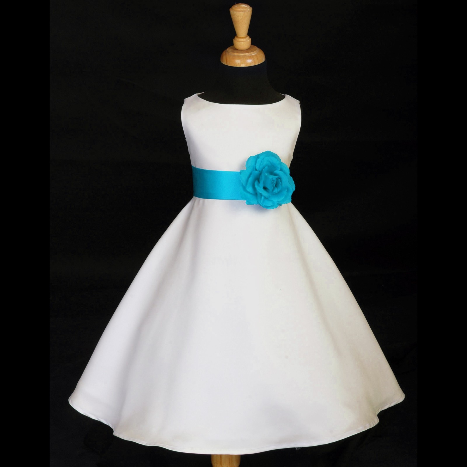 White/Turquoise A-Line Flower Pin Satin Flower Girl Dress 821S