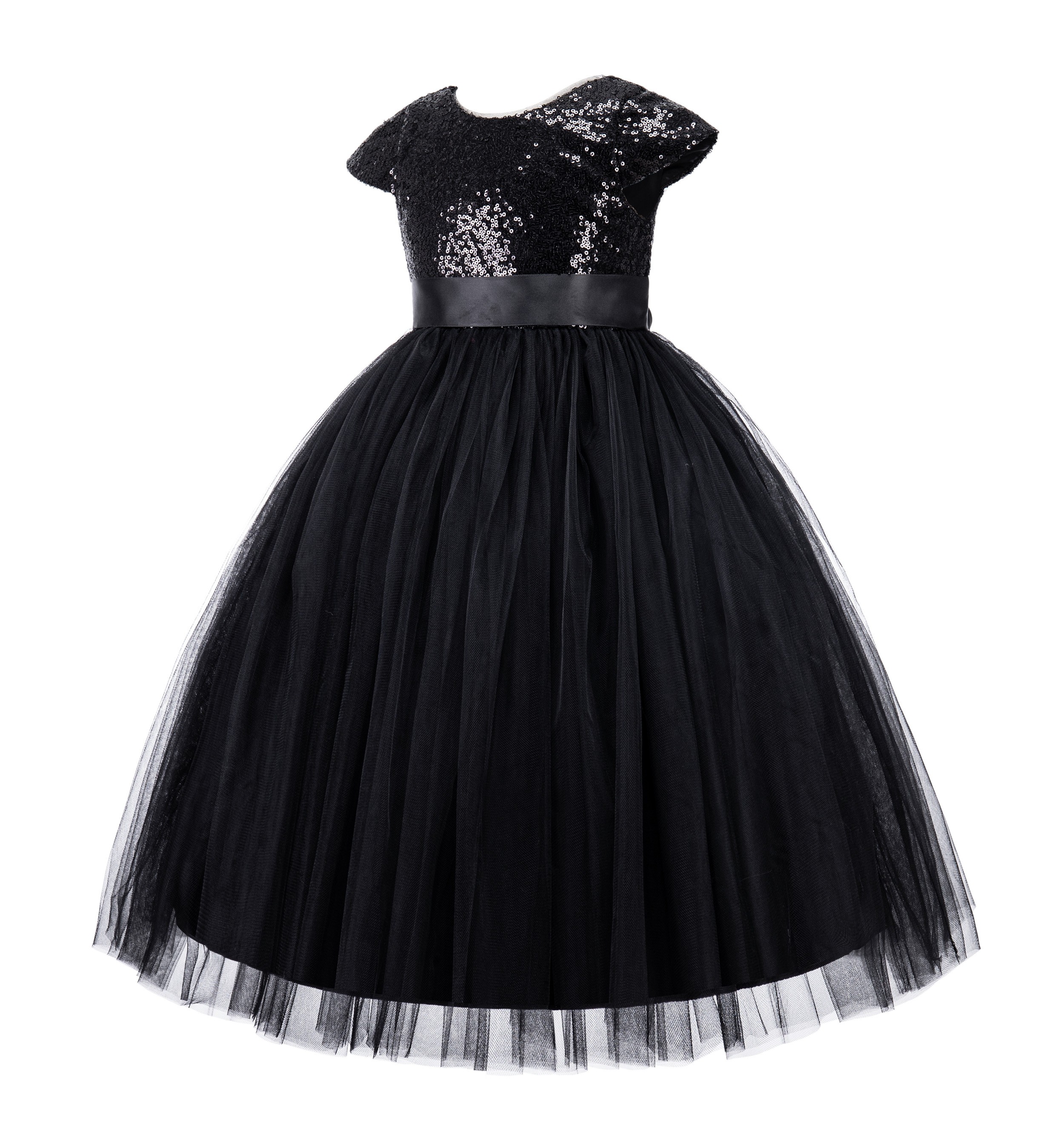 Black Cap Sleeves Sequin Flower Girl Dress 211