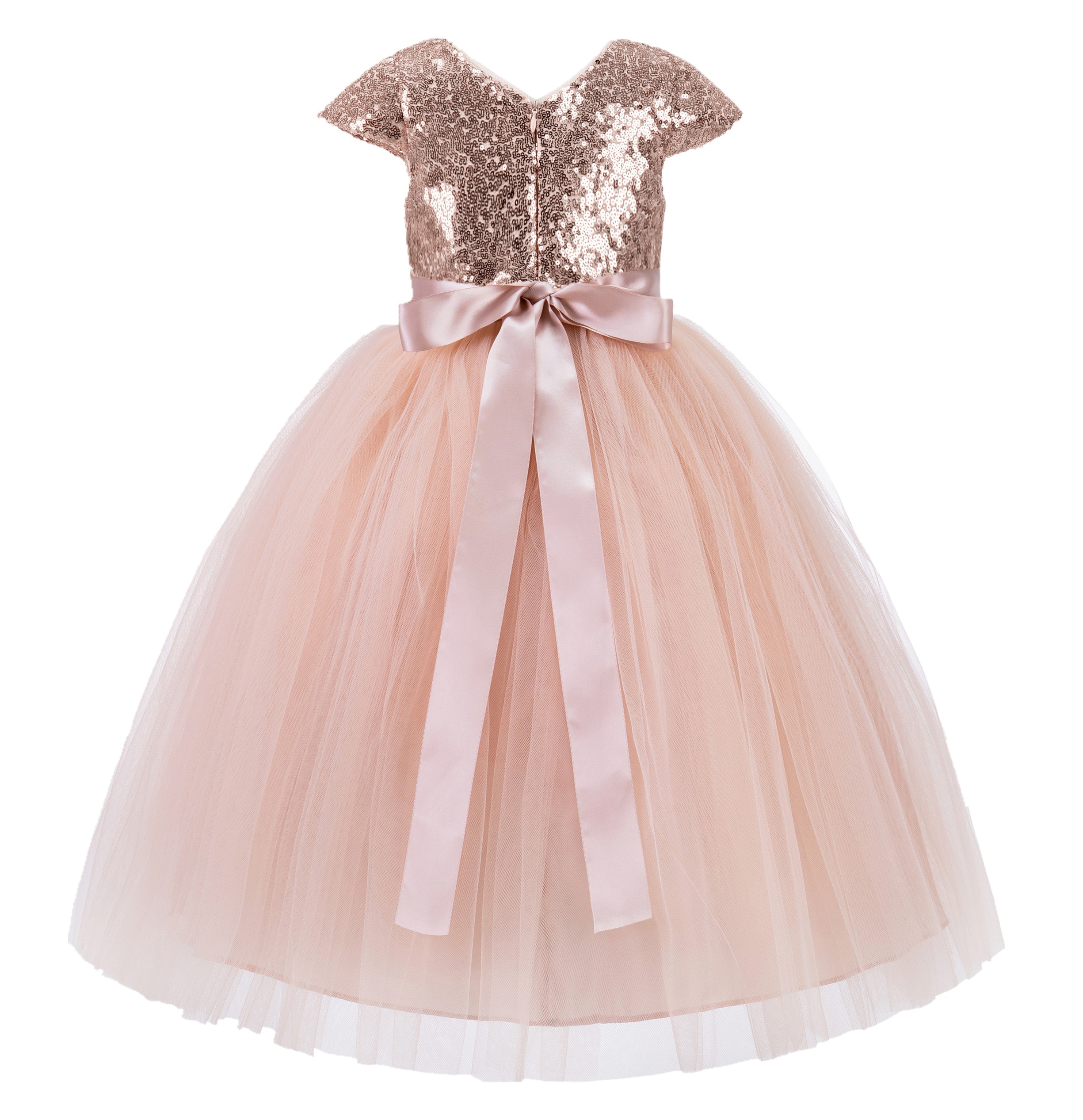Rose Gold / Blush Pink Cap Sleeves Sequin Flower Girl Dress 211