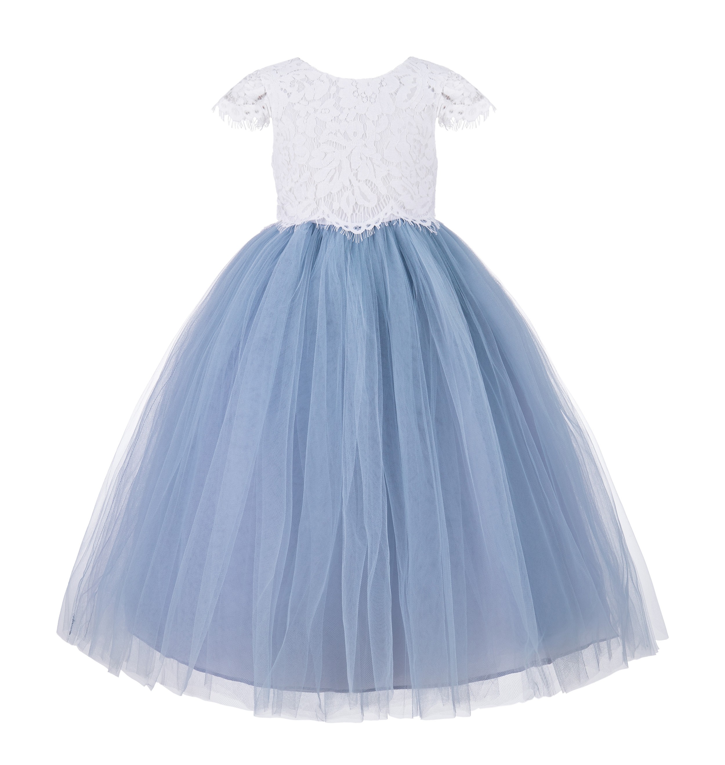 Dusty Blue Floral Lace Flower Girl Dress Cap Sleeves 214