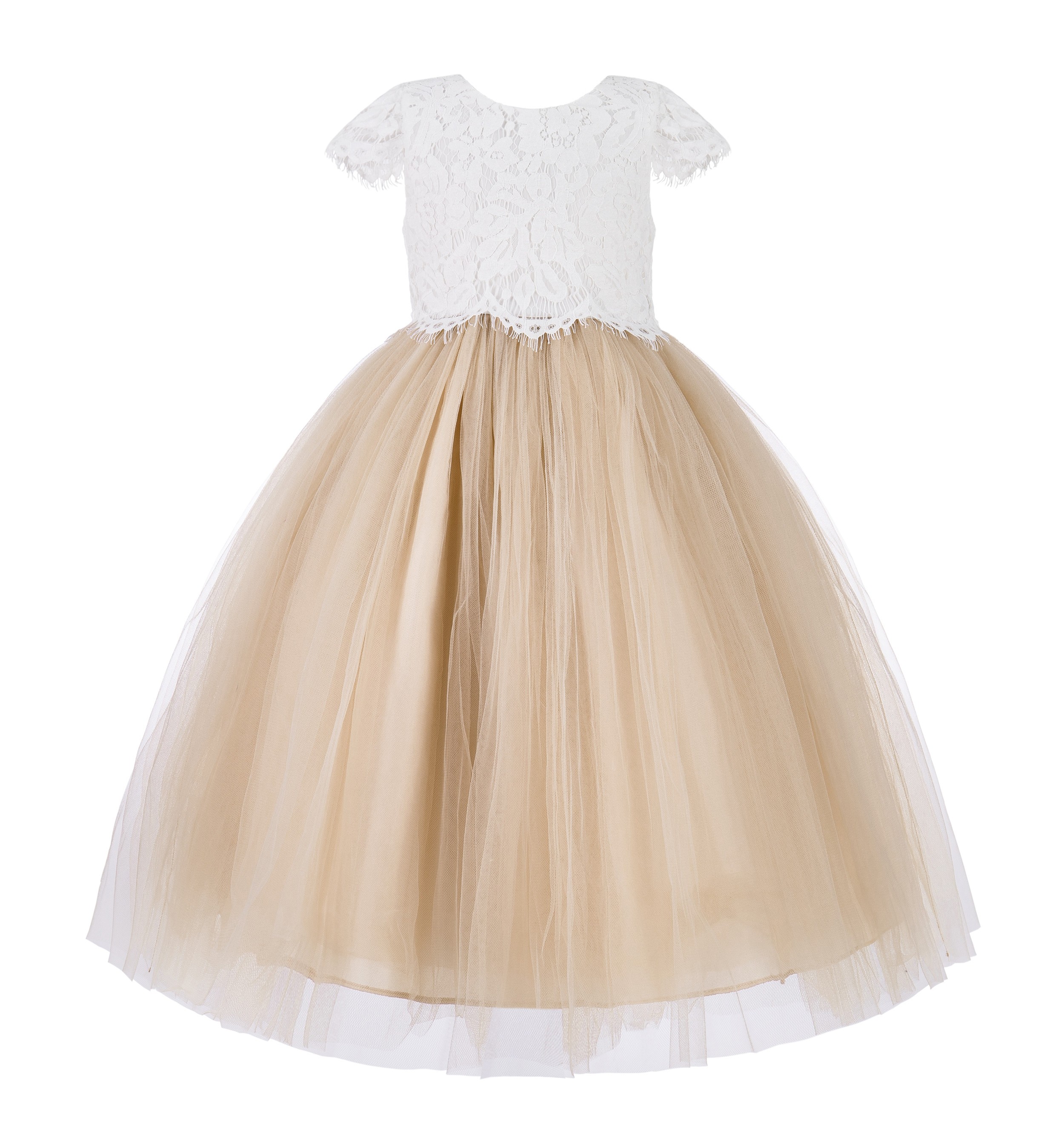 Champagne Floral Lace Flower Girl Dress Cap Sleeves 214