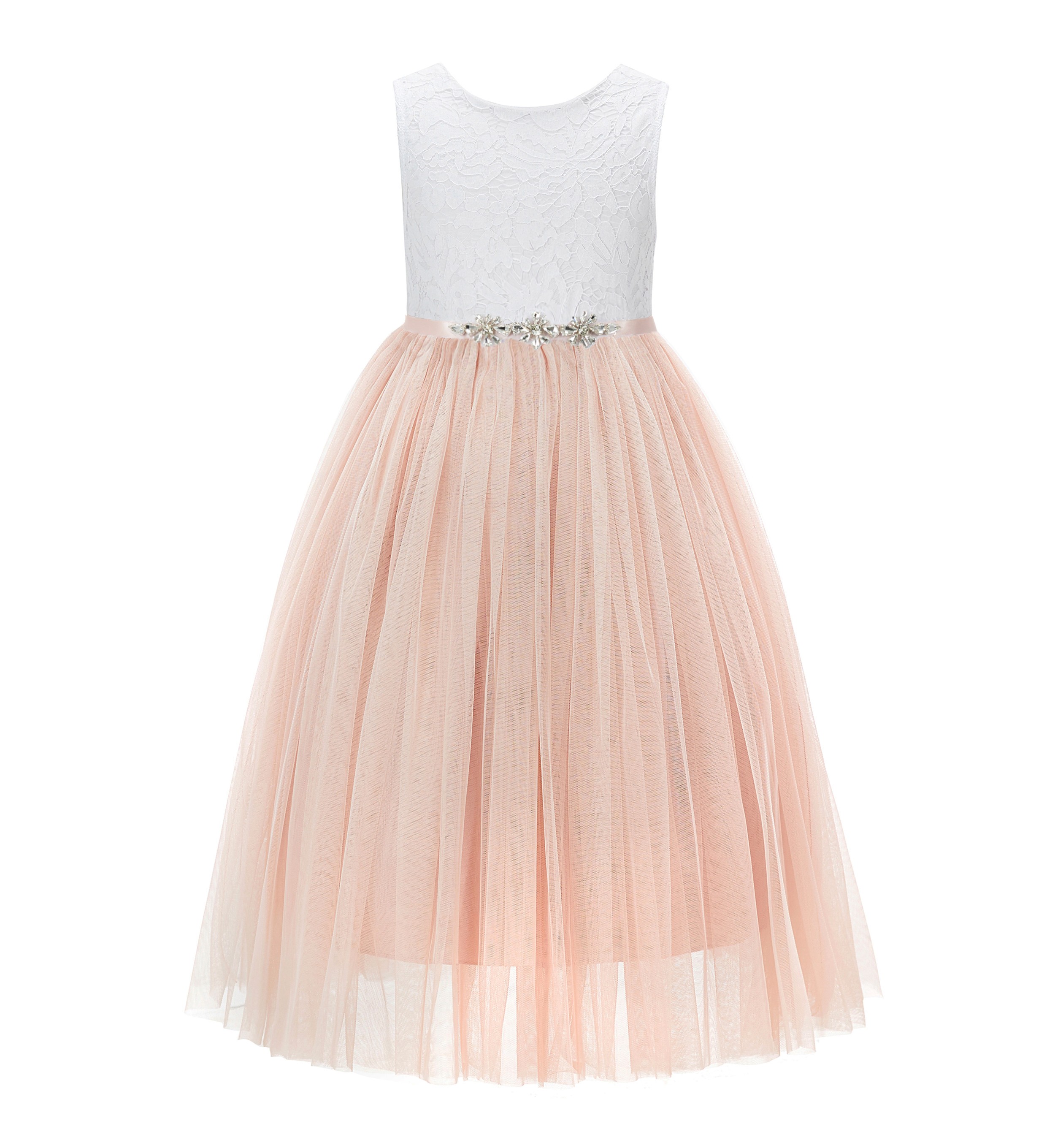 Blush Pink Scalloped V-Back Lace A-Line Flower Girl Dress 207R4