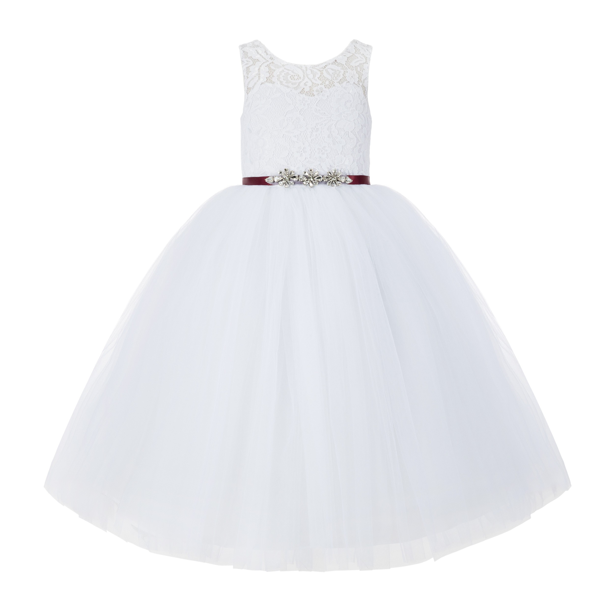 White / Burgundy V-Back Lace Flower Girl Dress Lace Tutu Dress 212R4