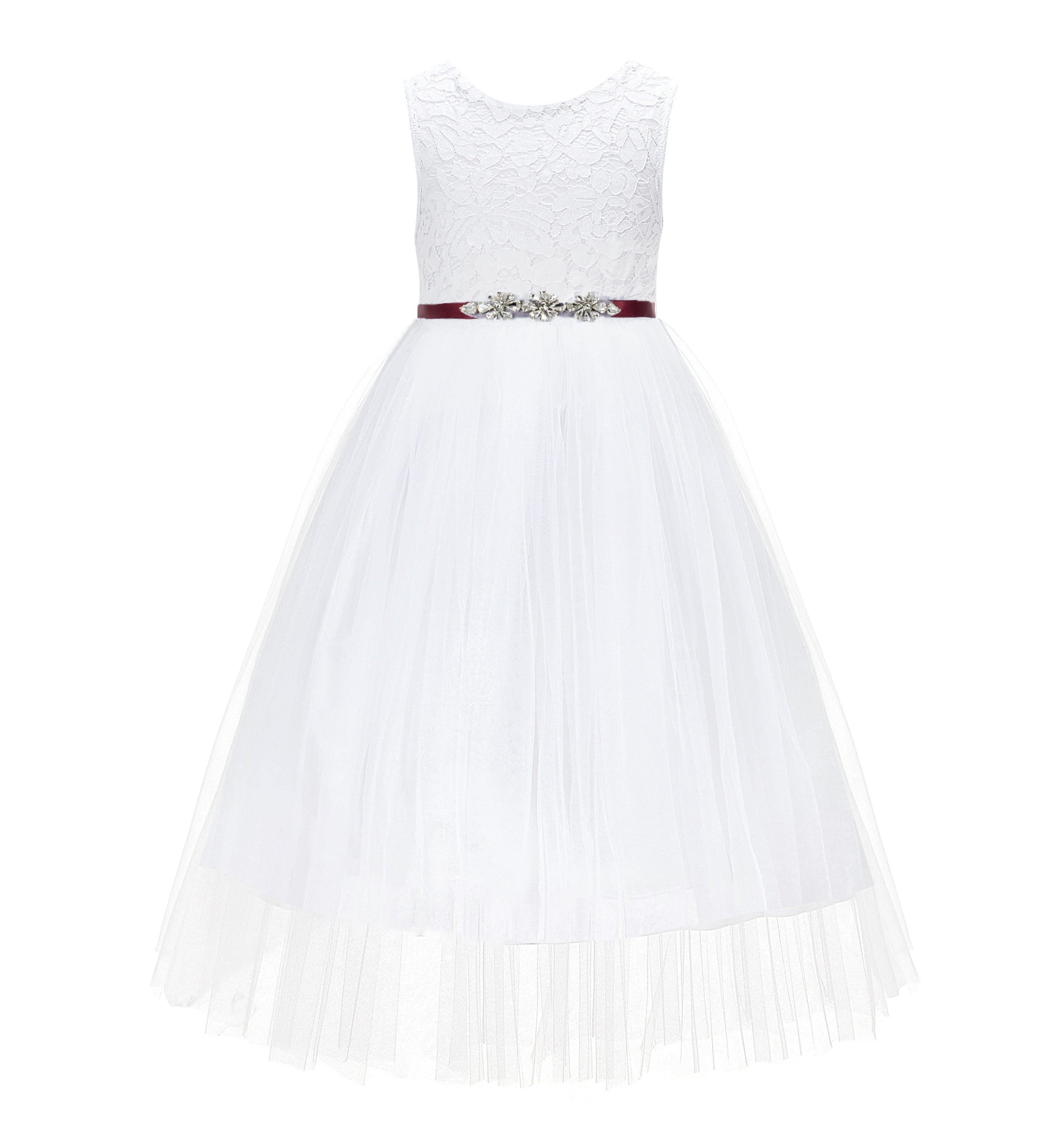 White / Burgundy Scalloped V-Back Lace A-Line Flower Girl Dress 207R4
