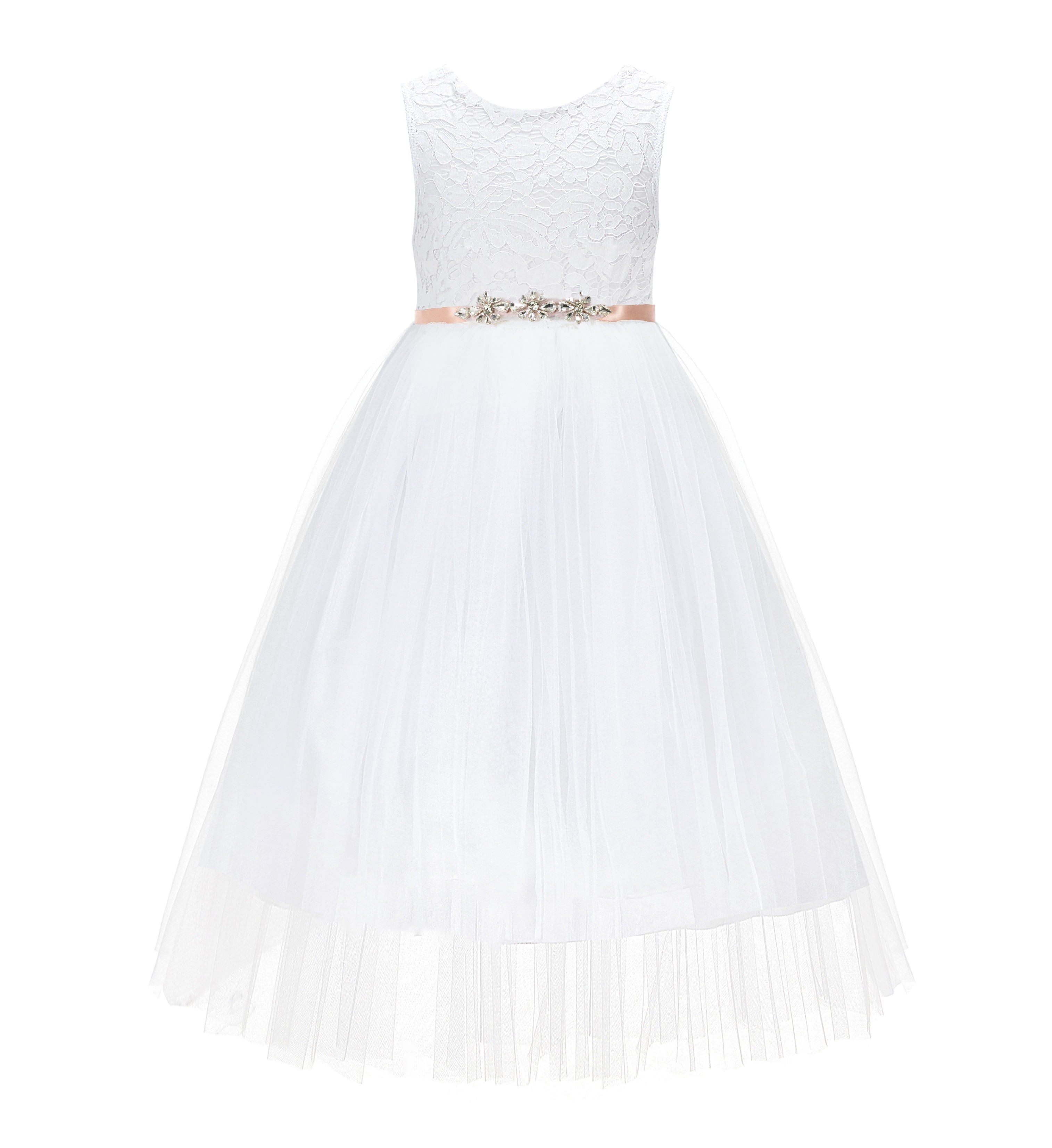 White / Rose Gold Scalloped V-Back Lace A-Line Flower Girl Dress 207R4
