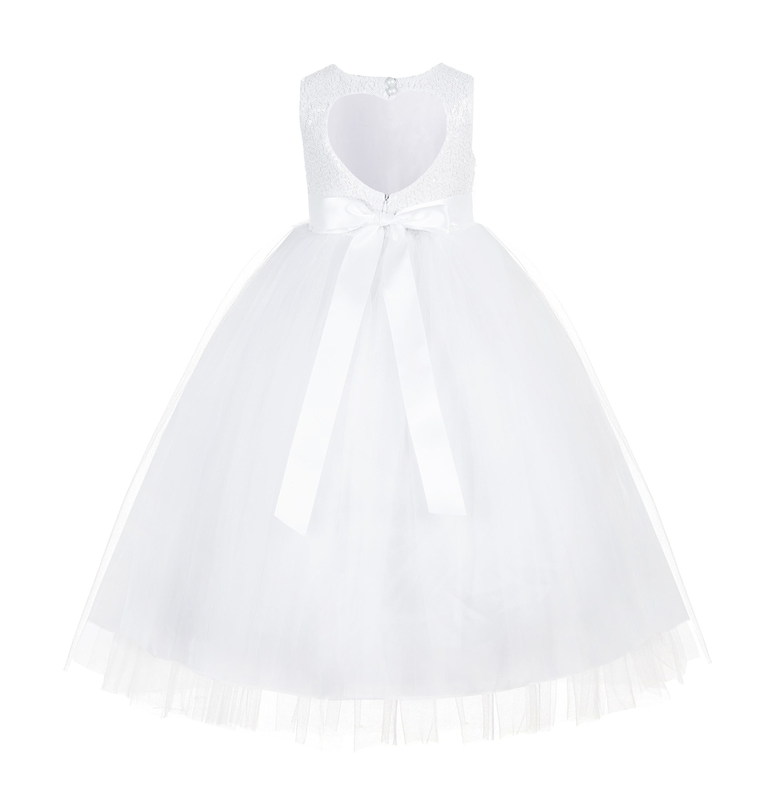 White Sequin Heart Cutout Tulle Flower Girl Dress 172seq