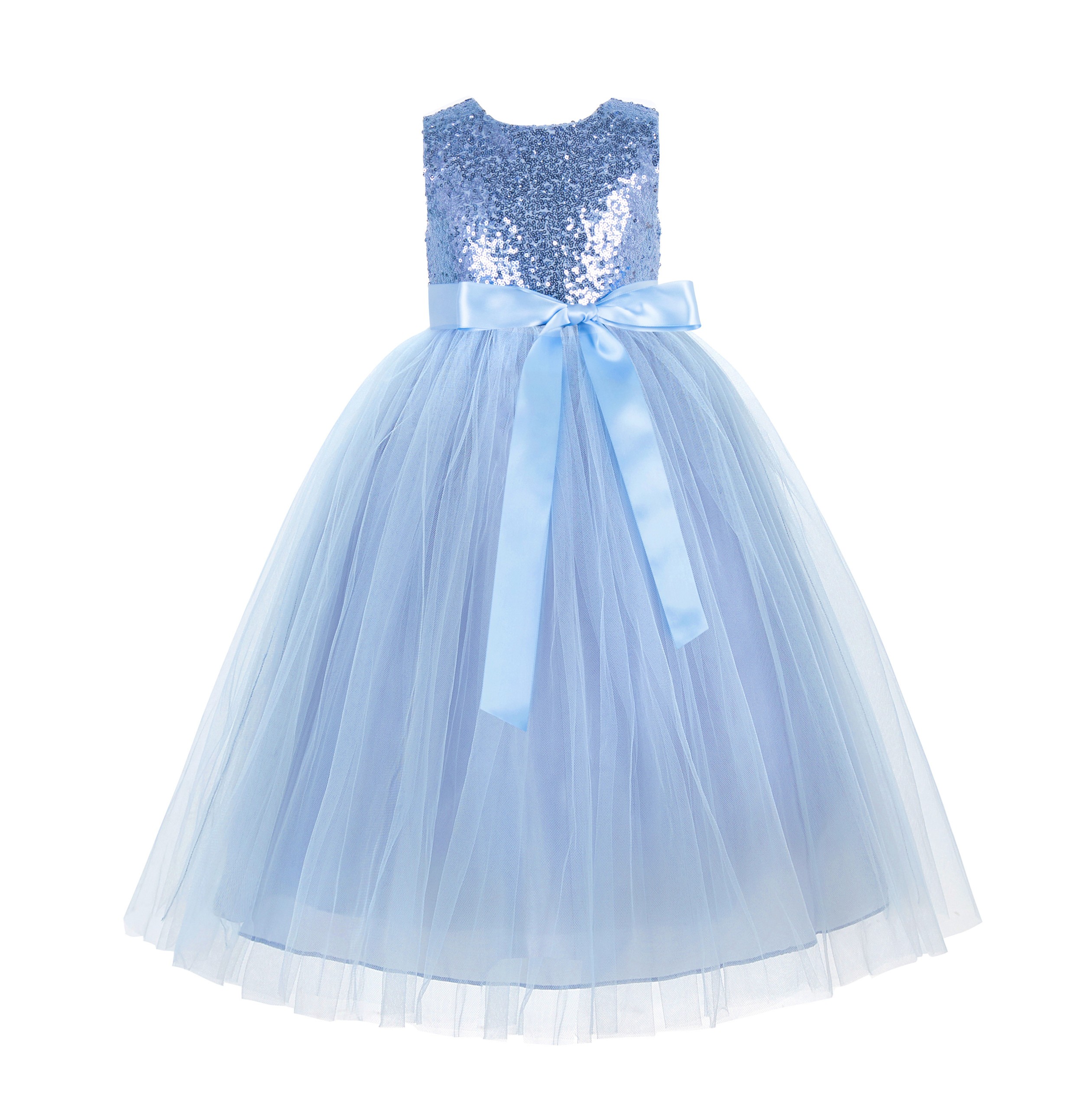 Dusty Blue Sequin Heart Cutout Tulle Flower Girl Dress 172seq