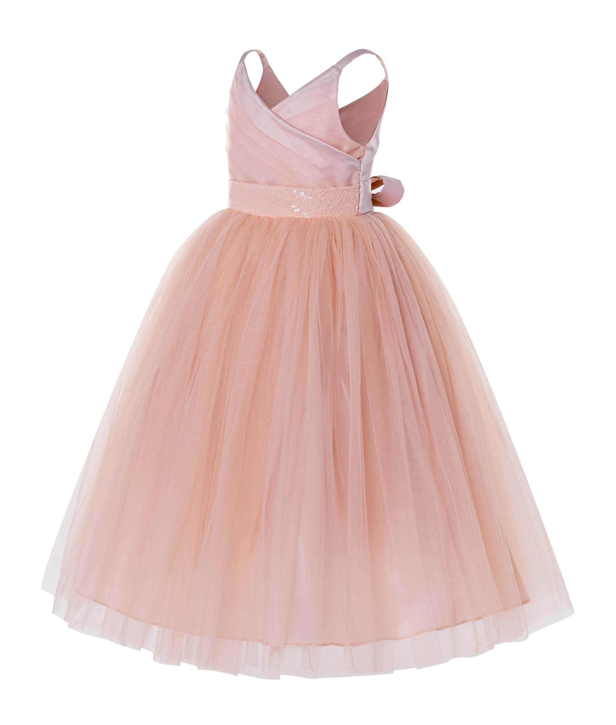Blush Pink V-Neck Tulle Flower Girl Dress with Sequins 218