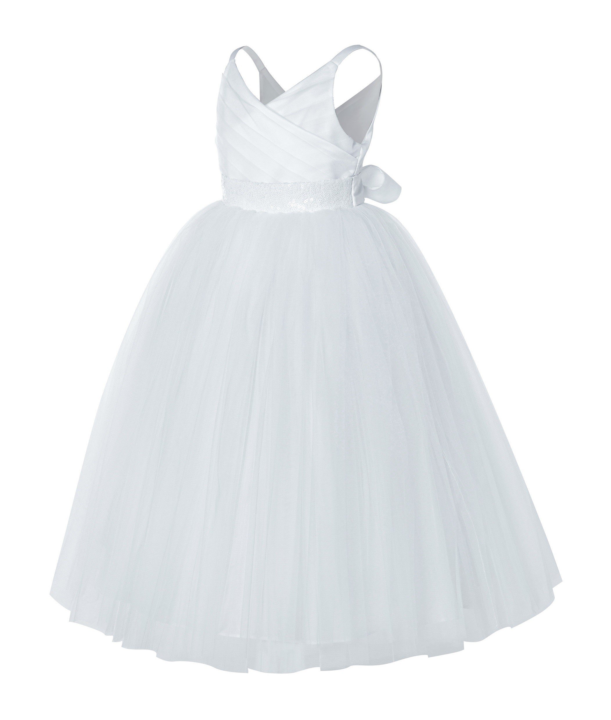 White V-Neck Tulle Flower Girl Dress with Sequins 218