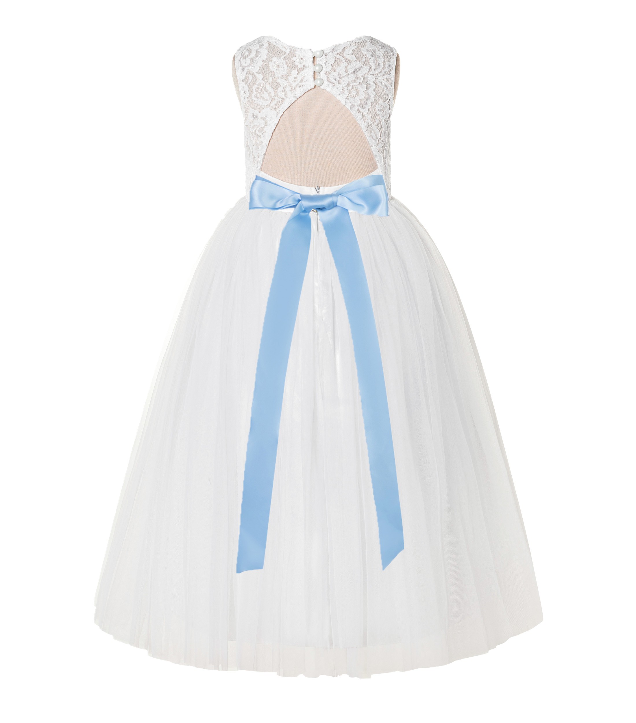 Ivory / Dusty Blue Tulle A-Line Lace Flower Girl Dress 178