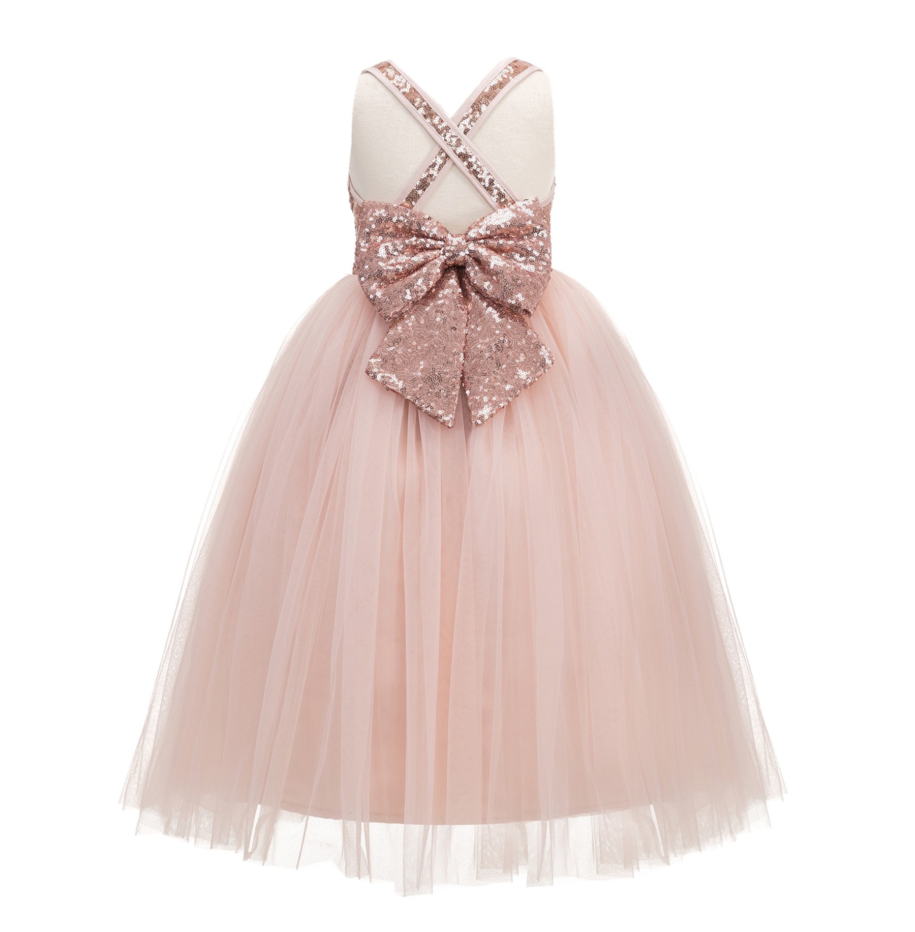 Rose Gold / Blush Pink Crossed Straps A-Line Flower Girl Dress 177