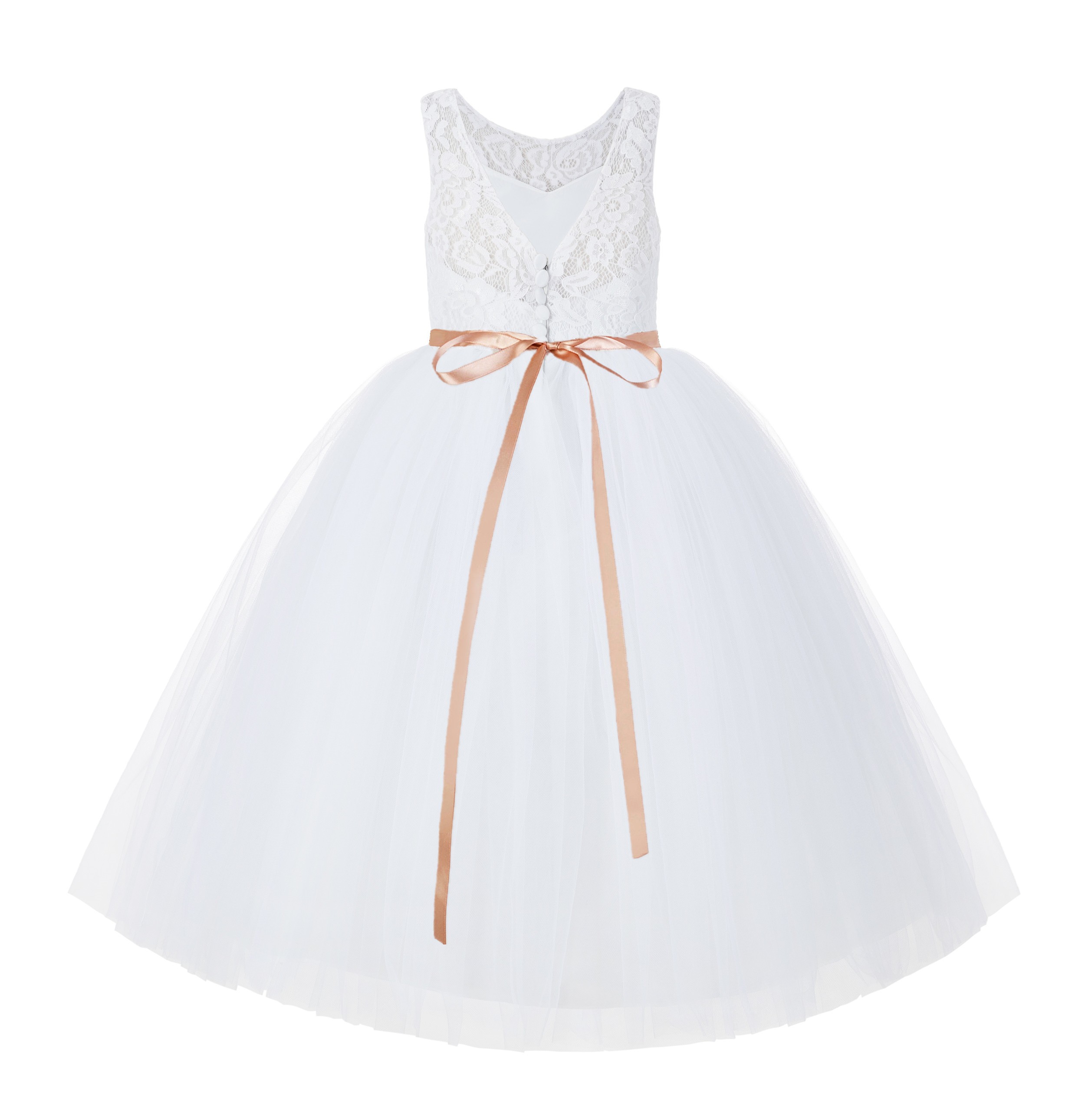 White / Rose Gold V-Back Lace Flower Girl Dress Lace Tutu Dress 212R4