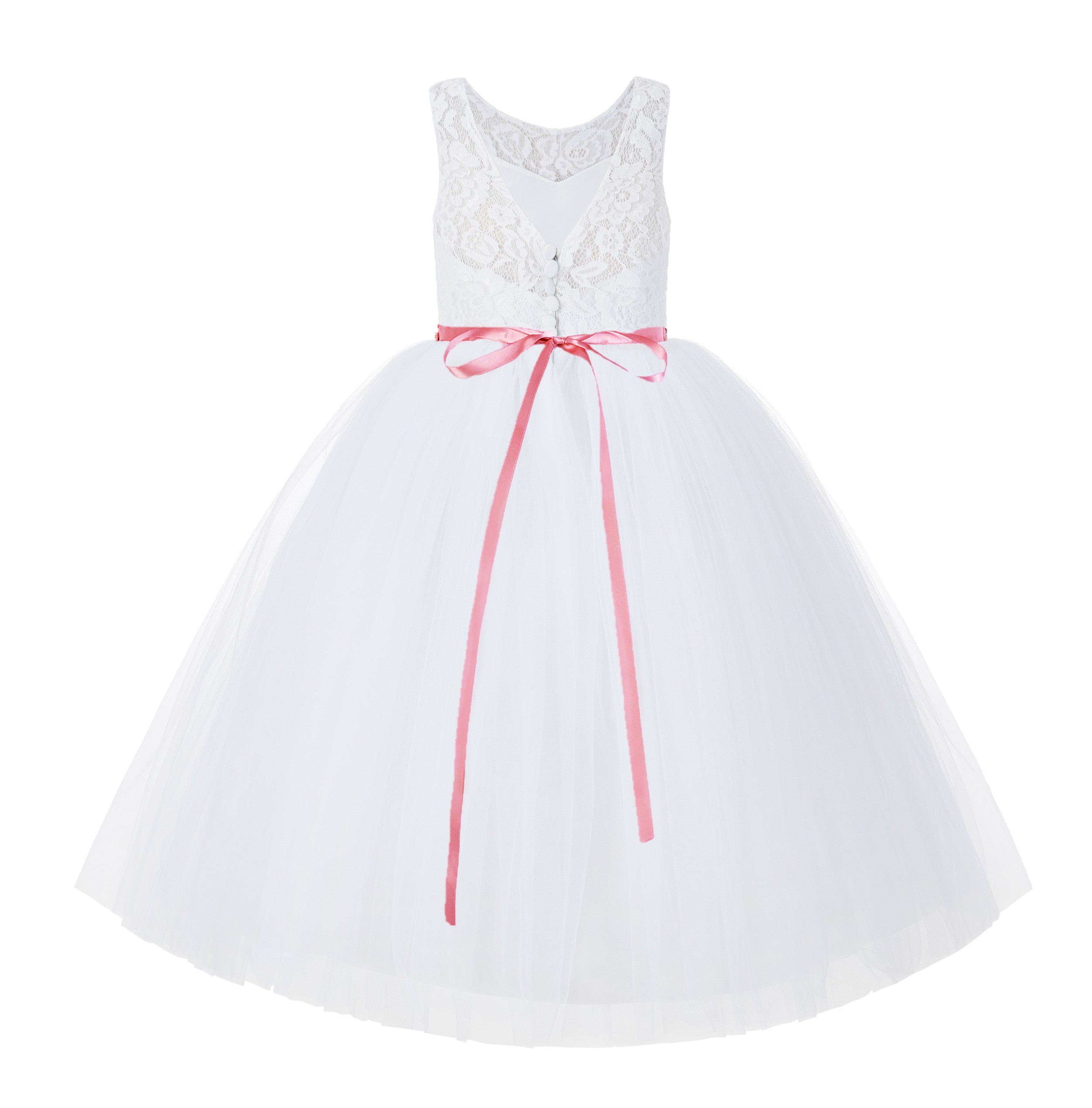 White / Dusty Rose V-Back Lace Flower Girl Dress Lace Tutu Dress 212R4