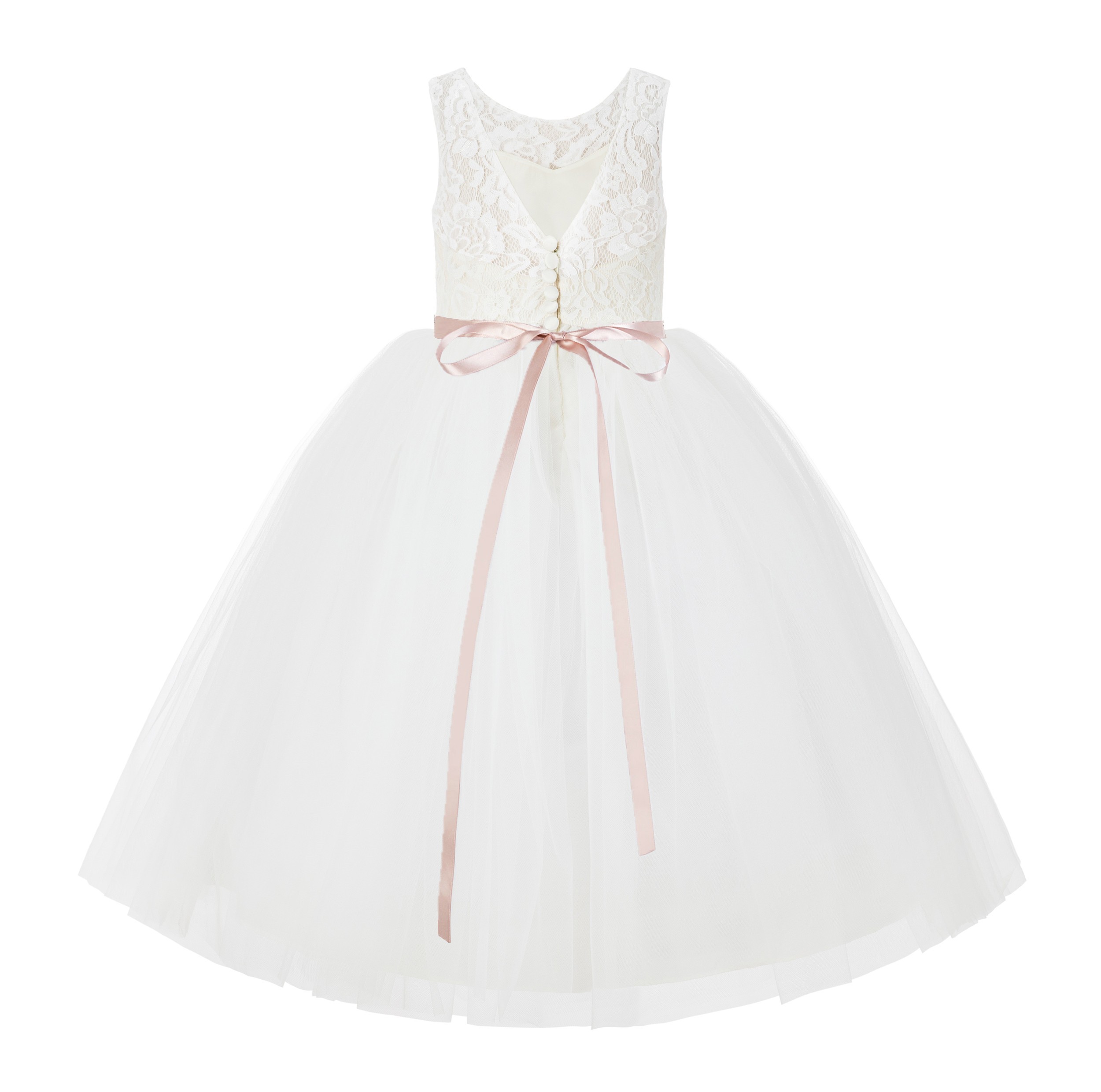 Ivory / Blush Pink V-Back Lace Flower Girl Dress Lace Tutu Dress 212R4