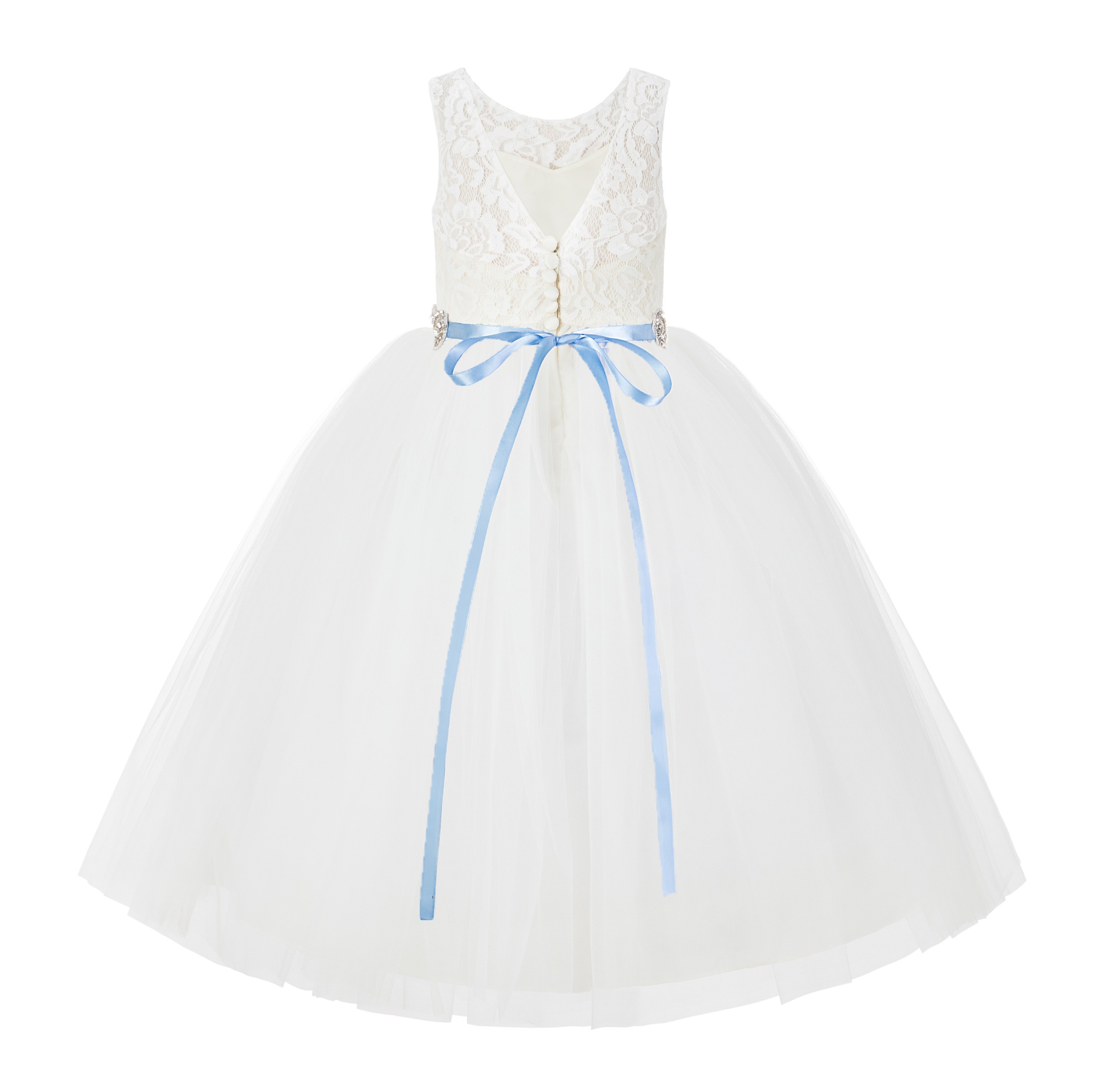  Ivory / Dusty Blue V-Back Lace Flower Girl Dress Lace Tutu Dress 212R2