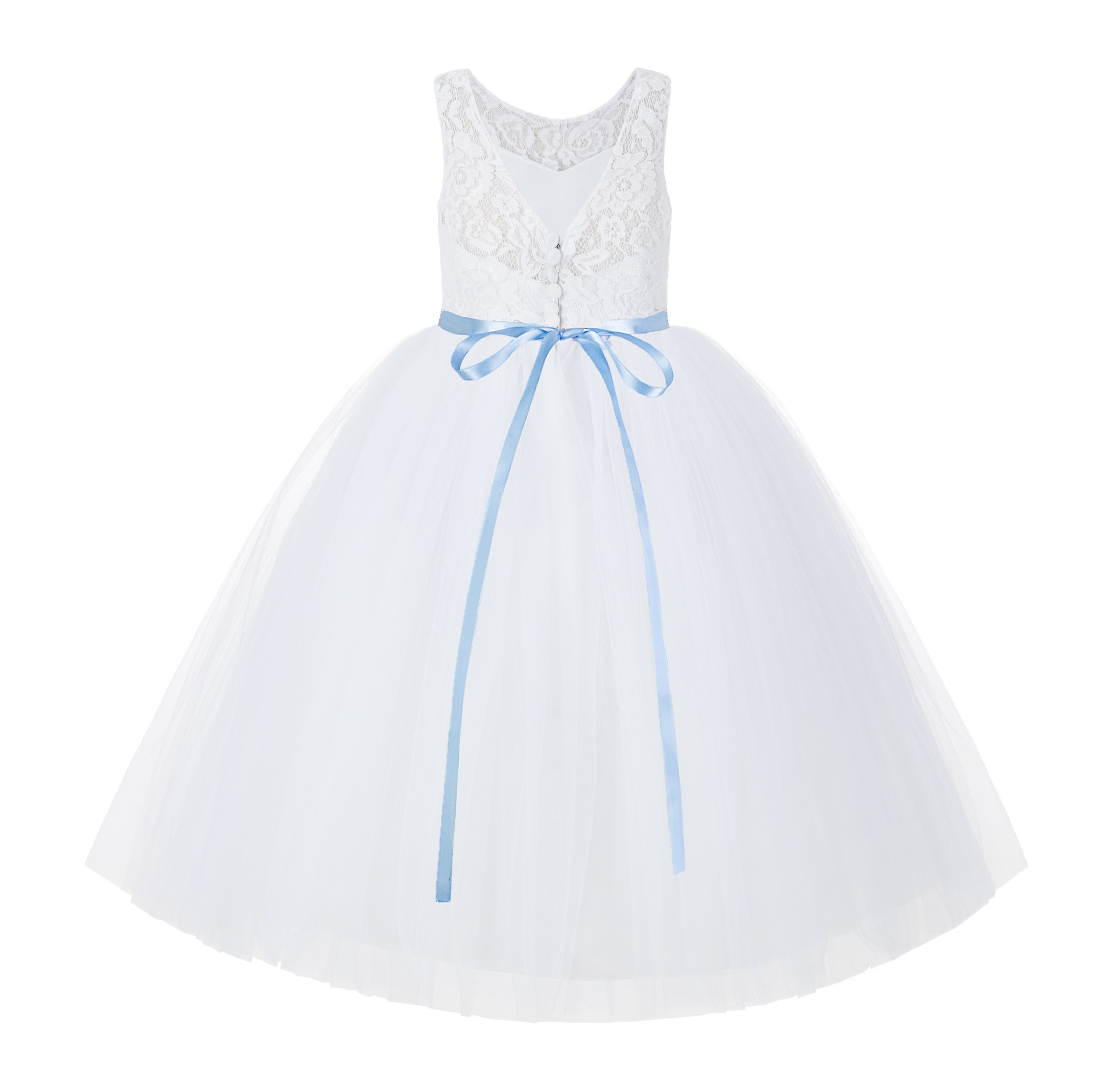 White / Dusty Blue V-Back Lace Flower Girl Dress Lace Tutu Dress 212R4