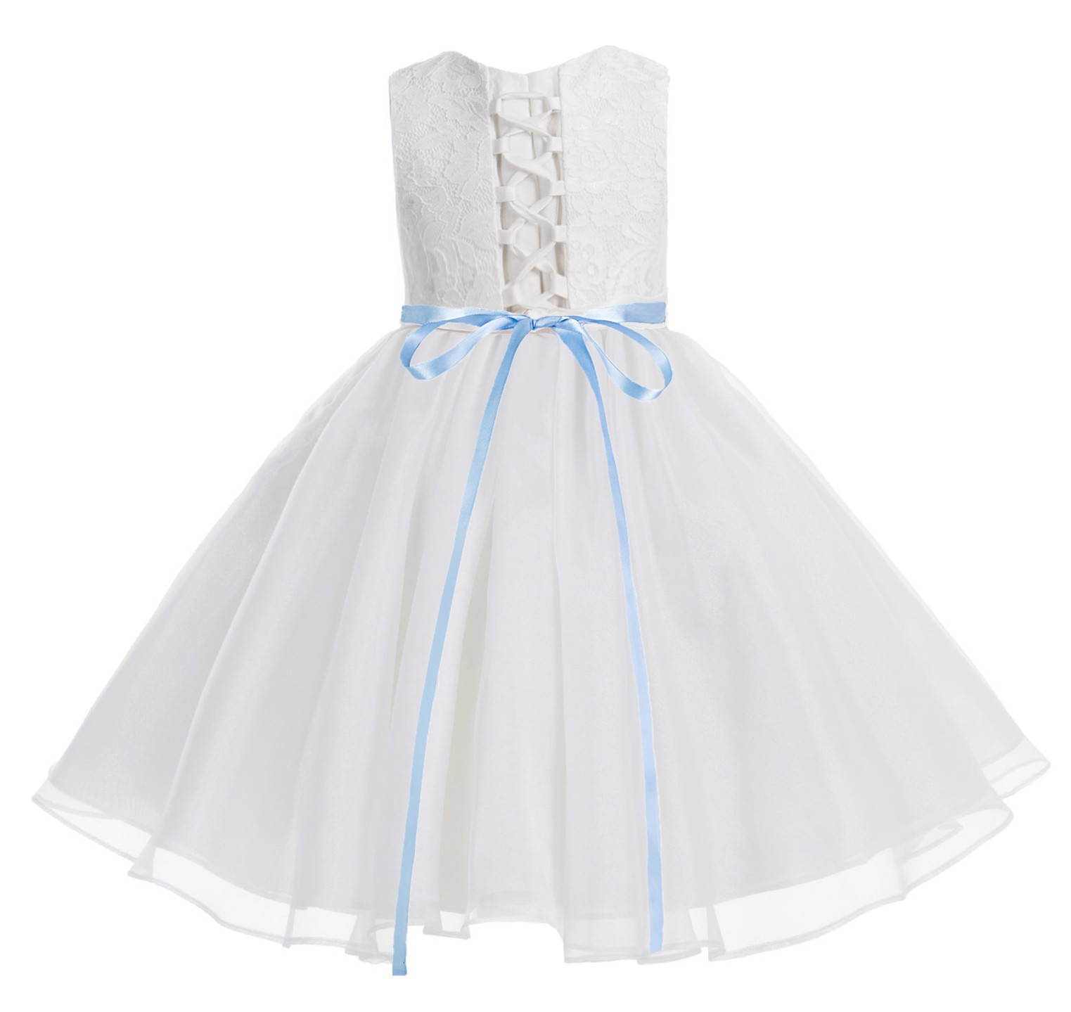 White / Dusty Blue Lace Organza Flower Girl Dress 186R2