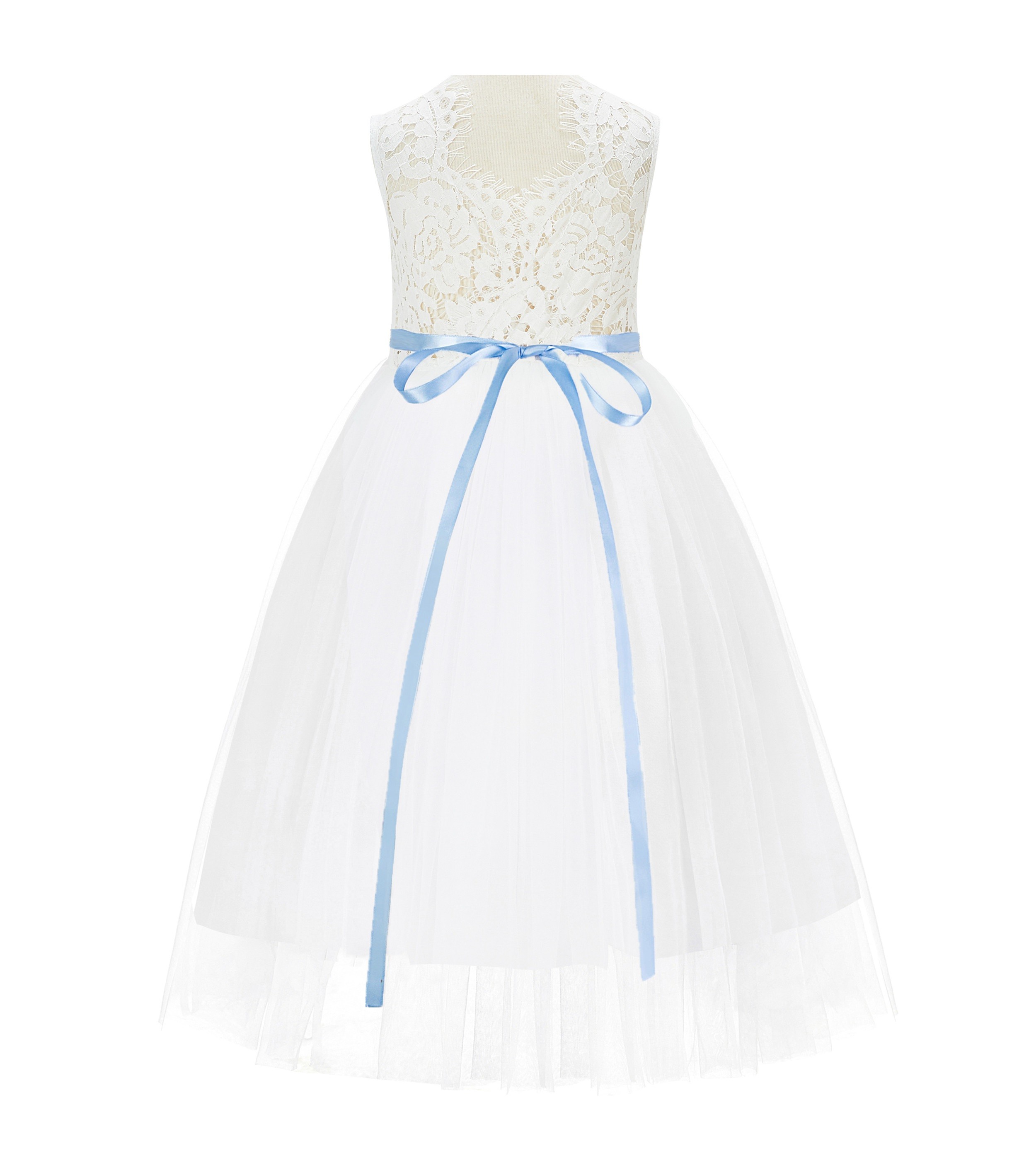 Ivory / Dusty Blue Scalloped V-Back Lace A-Line Flower Girl Dress 207R4