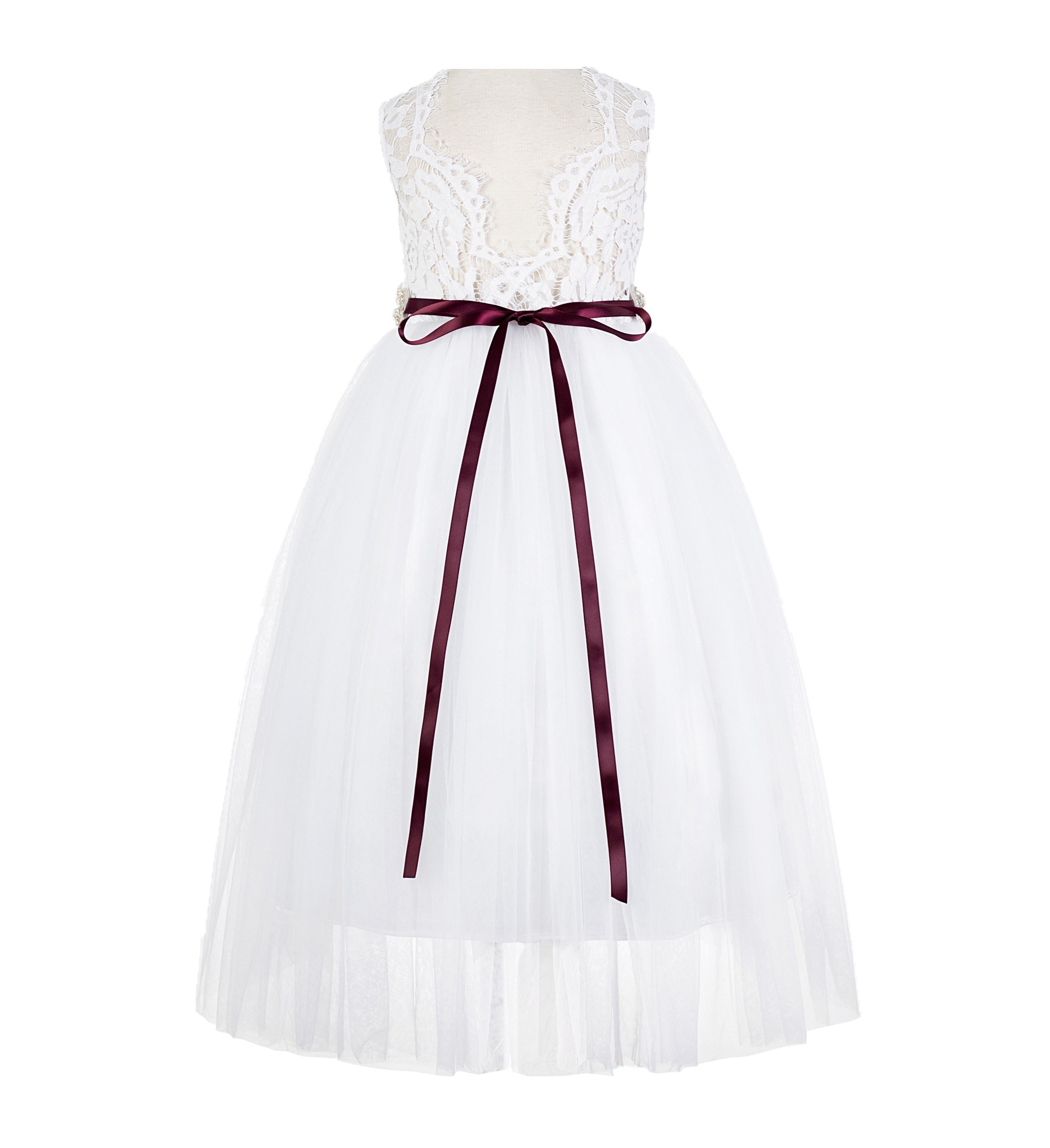 White / Burgundy Scalloped V-Back Lace A-Line Flower Girl Dress 207R2