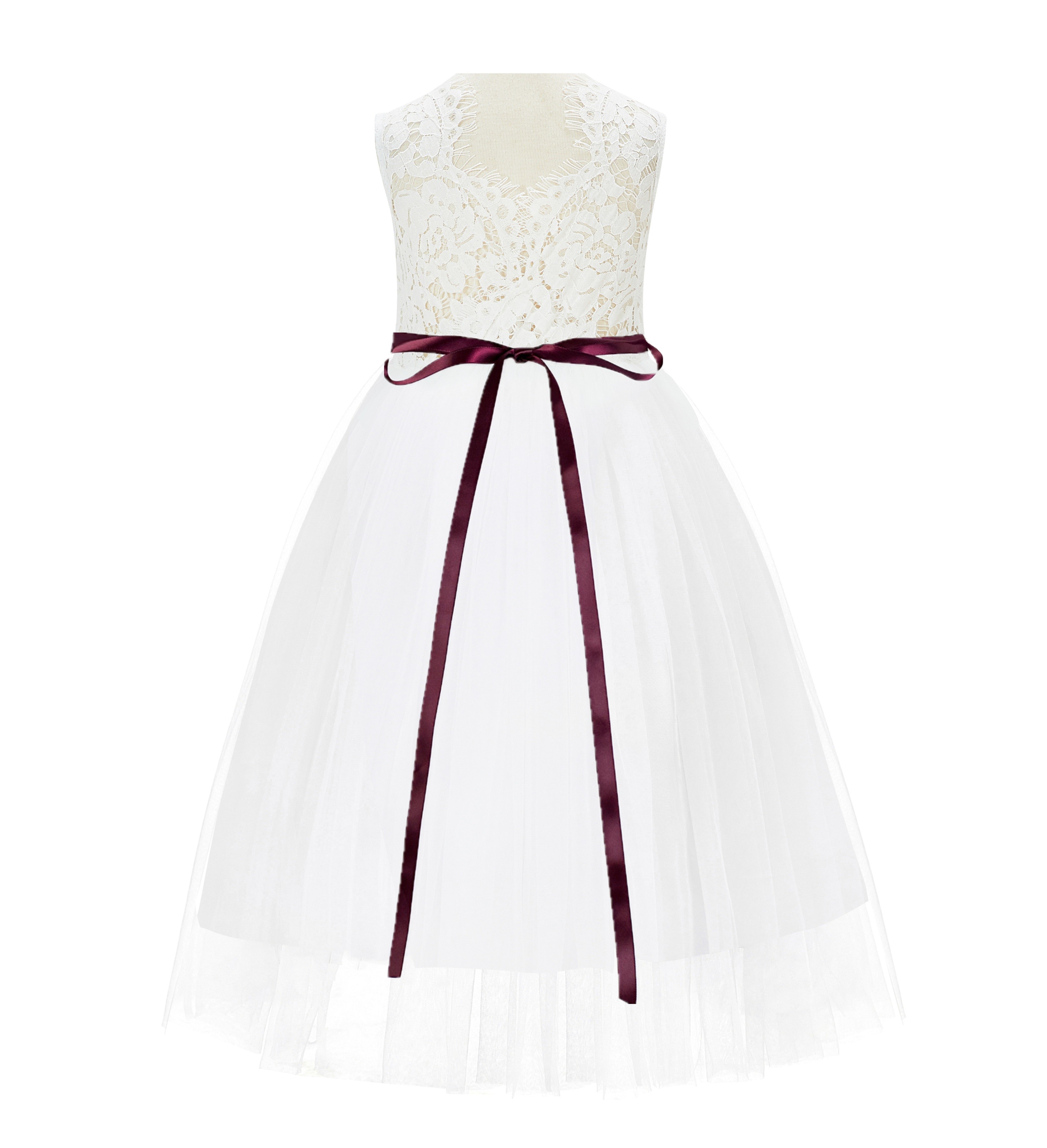 Ivory / Burgundy Scalloped V-Back Lace A-Line Flower Girl Dress 207R4