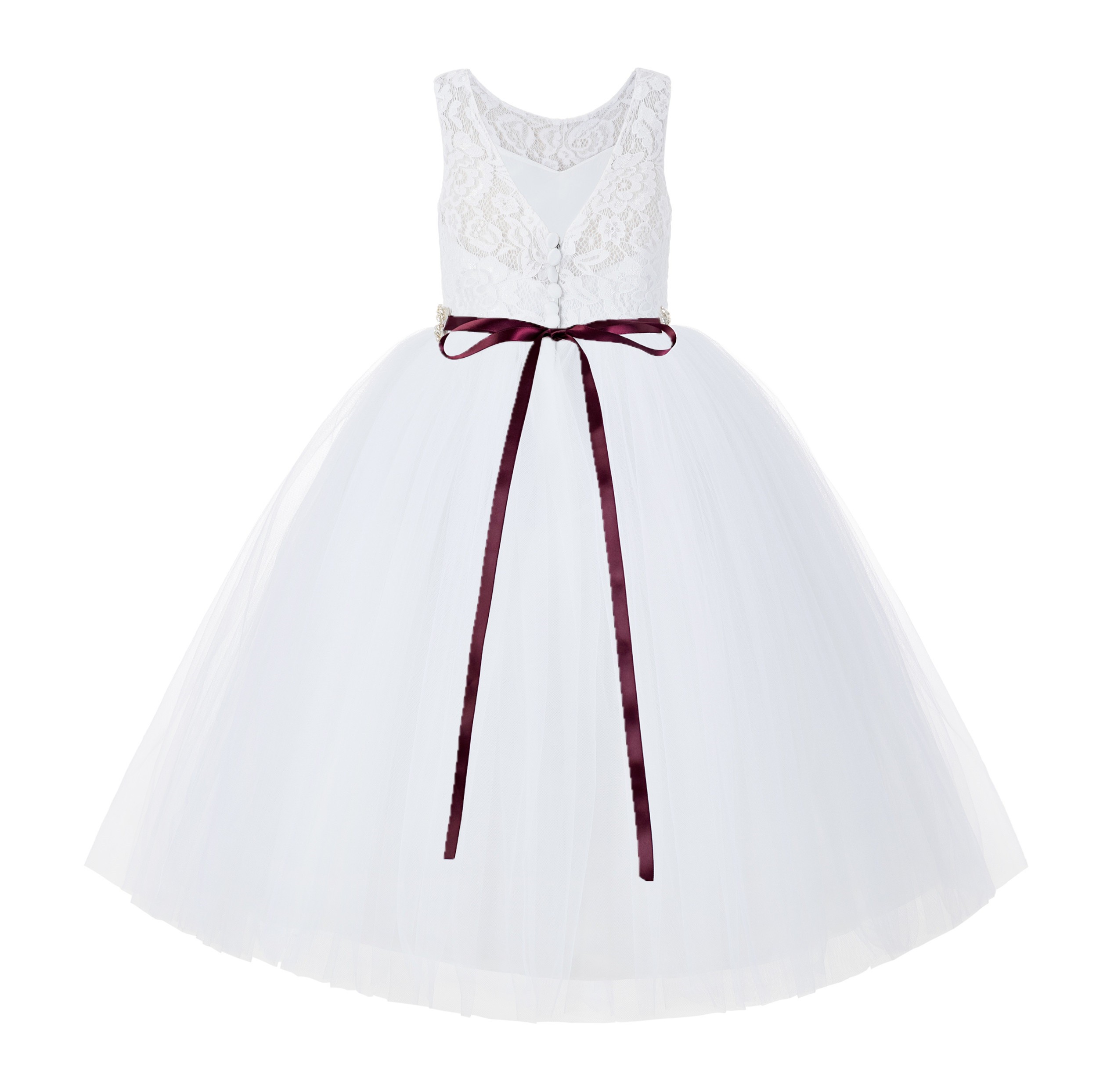 White / Burgundy V-Back Lace Flower Girl Dress Lace Tutu Dress 212R2