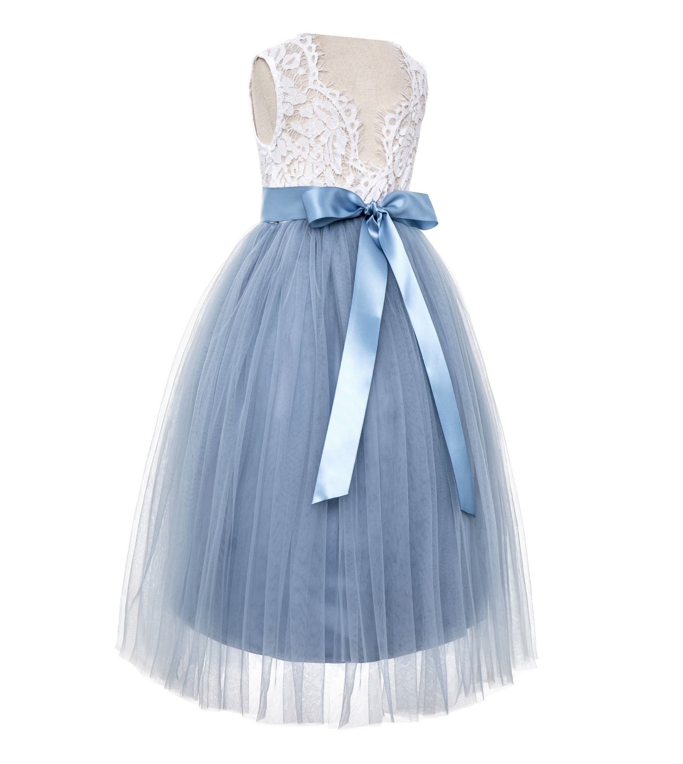 Dusty Blue Scalloped V-Back Lace A-Line Flower Girl Dress 207R
