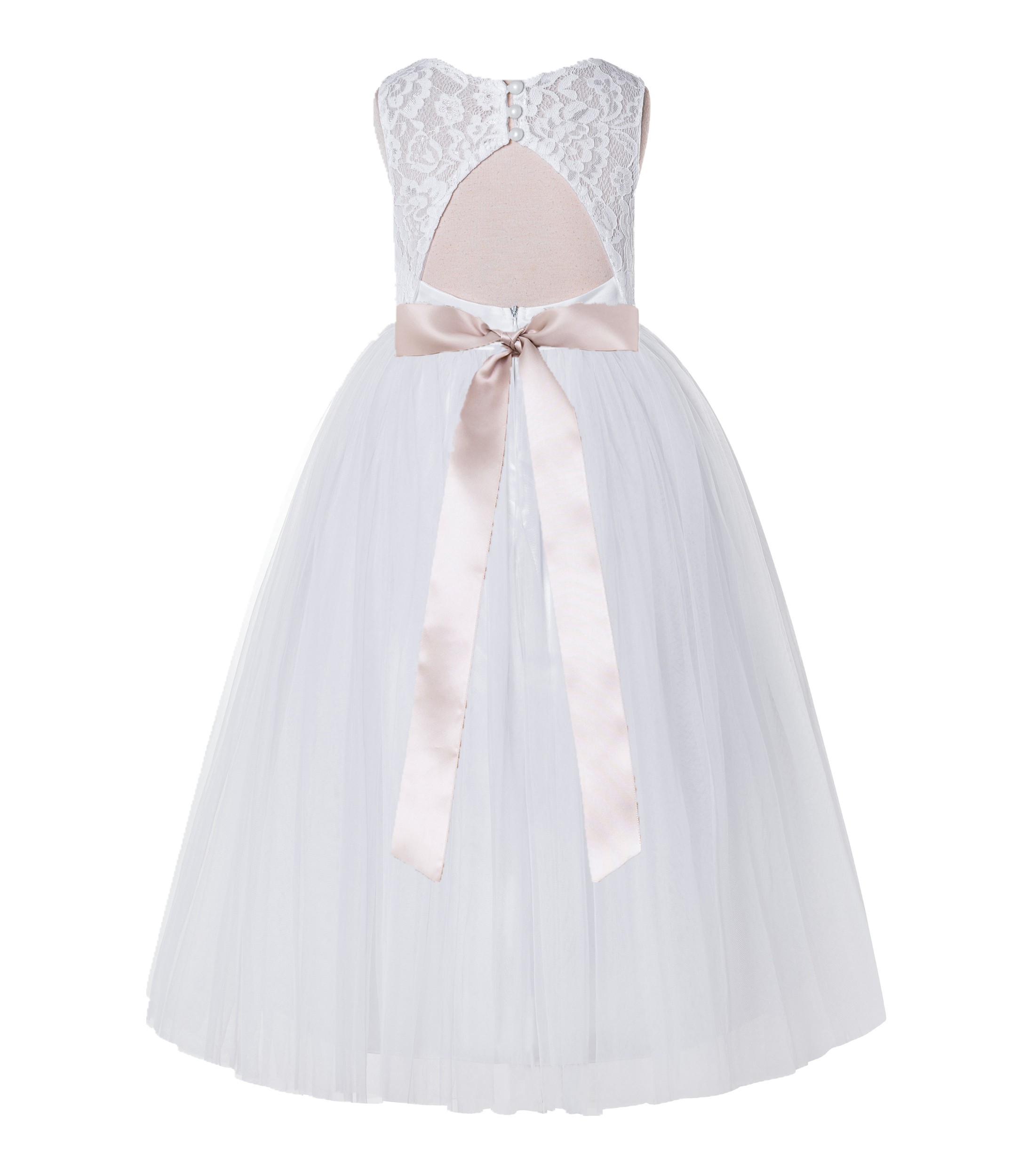 White / Blush Pink Tulle A-Line Lace Flower Girl Dress 178