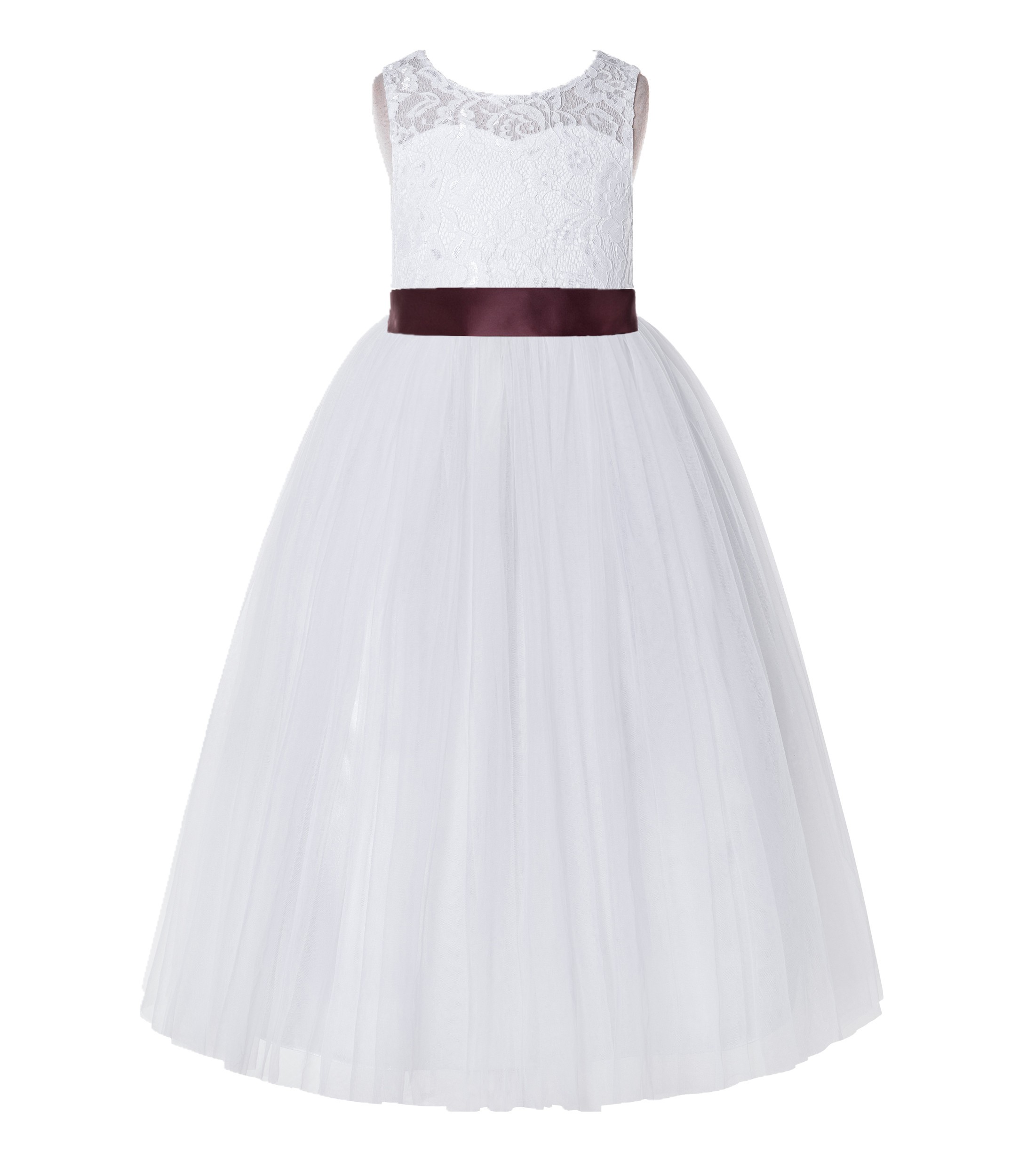 White / Burgundy Tulle A-Line Lace Flower Girl Dress 178