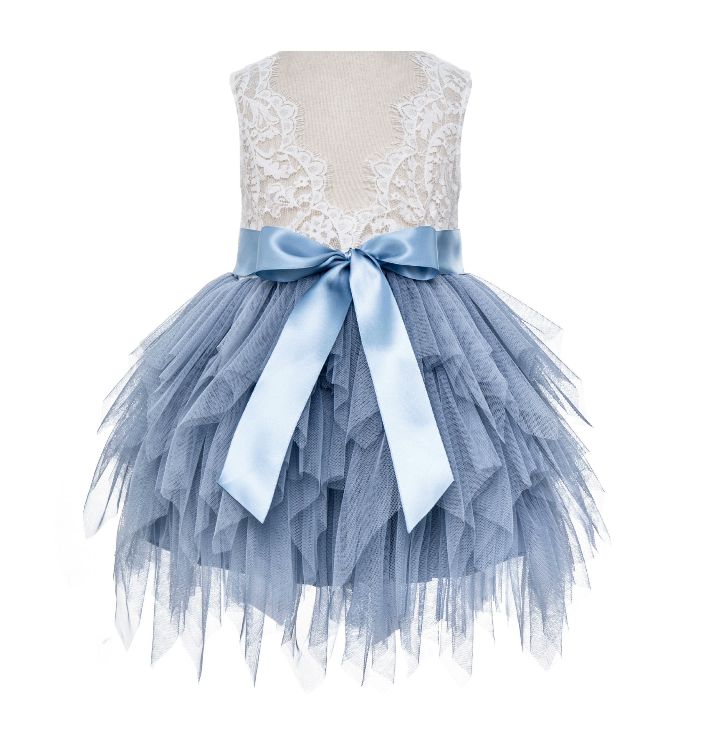 Dusty Blue Tiered Tulle Flower Girl Dress Lace Back Dress LG6