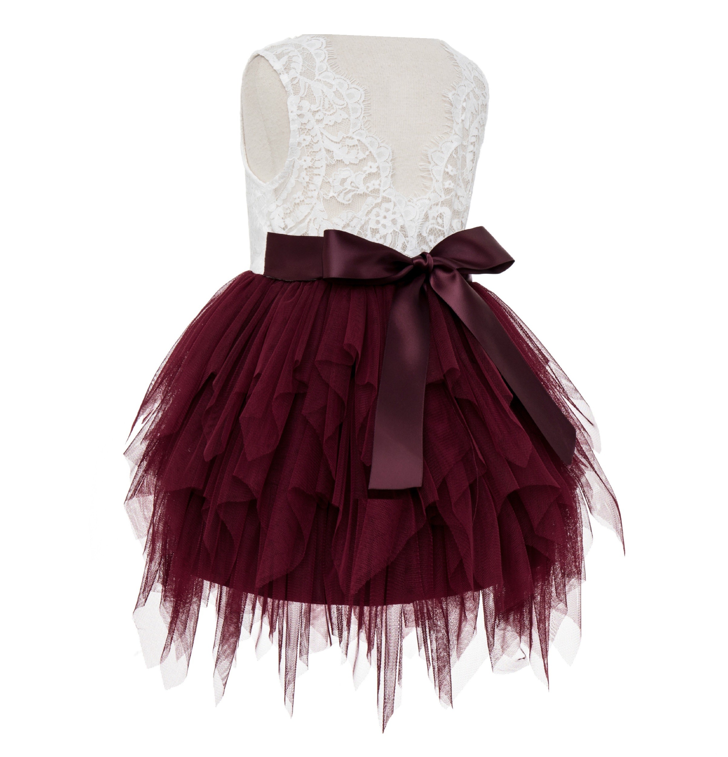 Burgundy Tiered Tulle Flower Girl Dress Lace Back Dress LG6