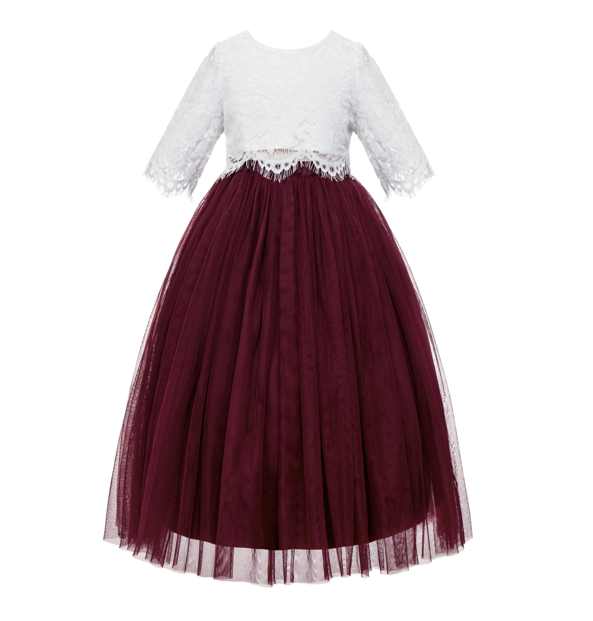 Burgundy Eyelash Lace Flower Girl Dress A-Line Tulle Dress LG5