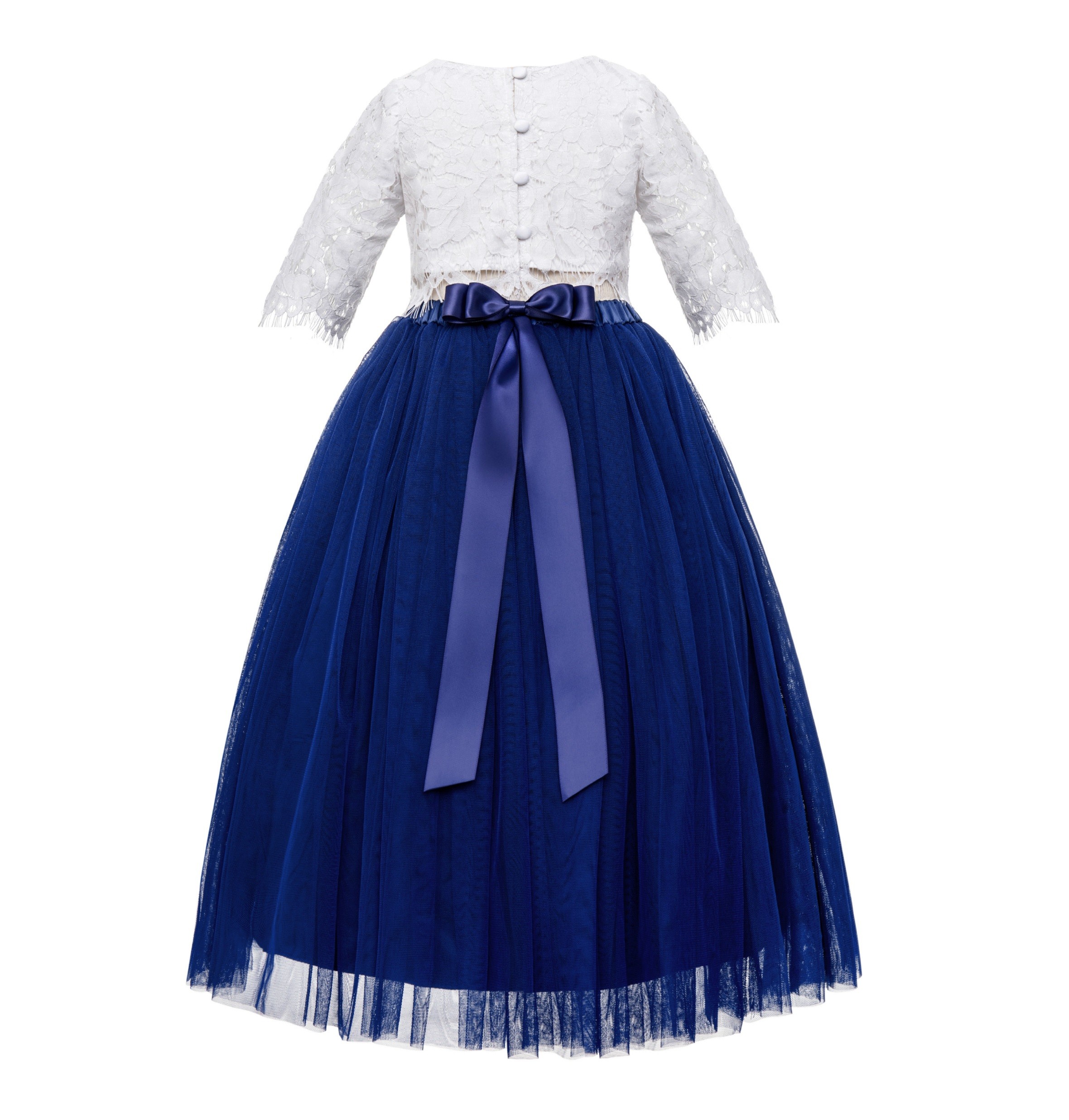 Navy Blue Eyelash Lace Flower Girl Dress A-Line Tulle Dress LG5