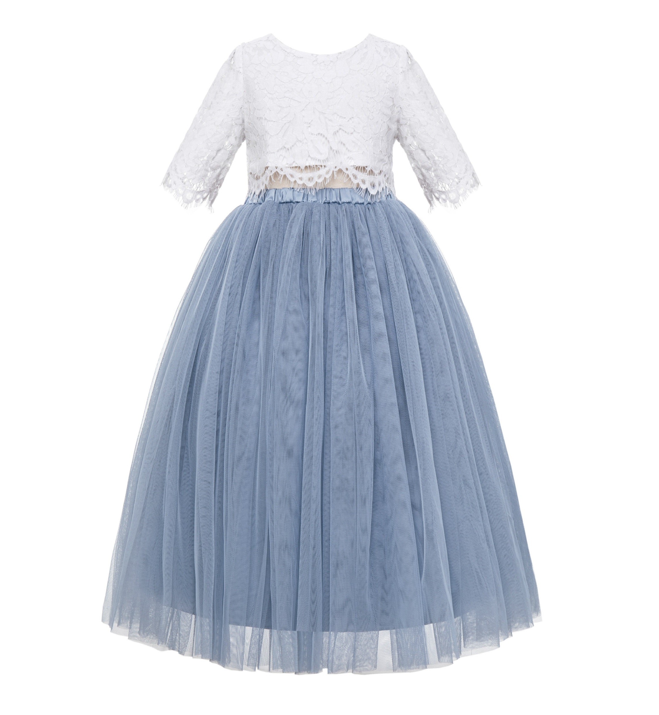 Dusty Blue Eyelash Lace Flower Girl Dress A-Line Tulle Dress LG5