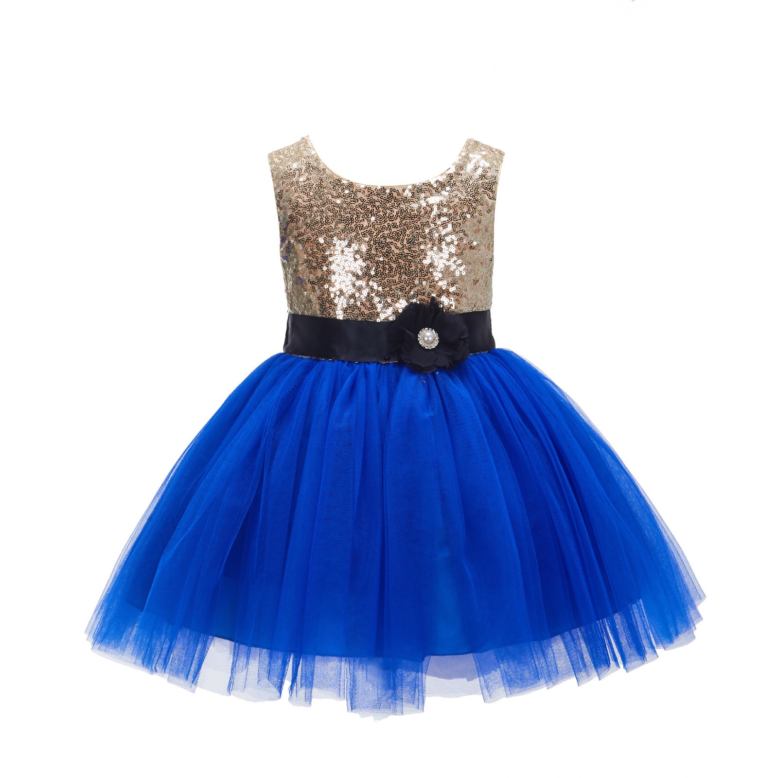 Gold/Royal Blue/Black Glitter Sequin Tulle Flower Girl Dress Party Ball Gown 123RF