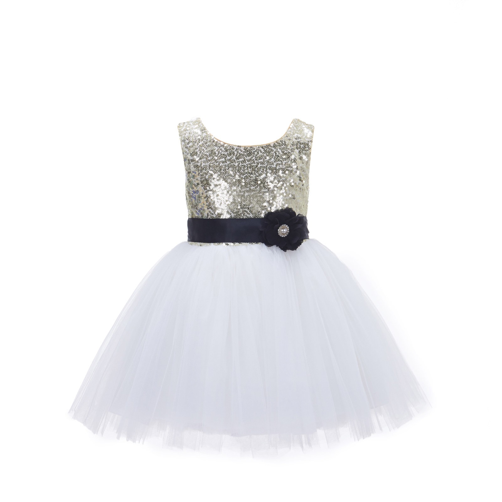 Gold/Ivory/Black Glitter Sequin Tulle Flower Girl Dress Party Ball Gown 123RF