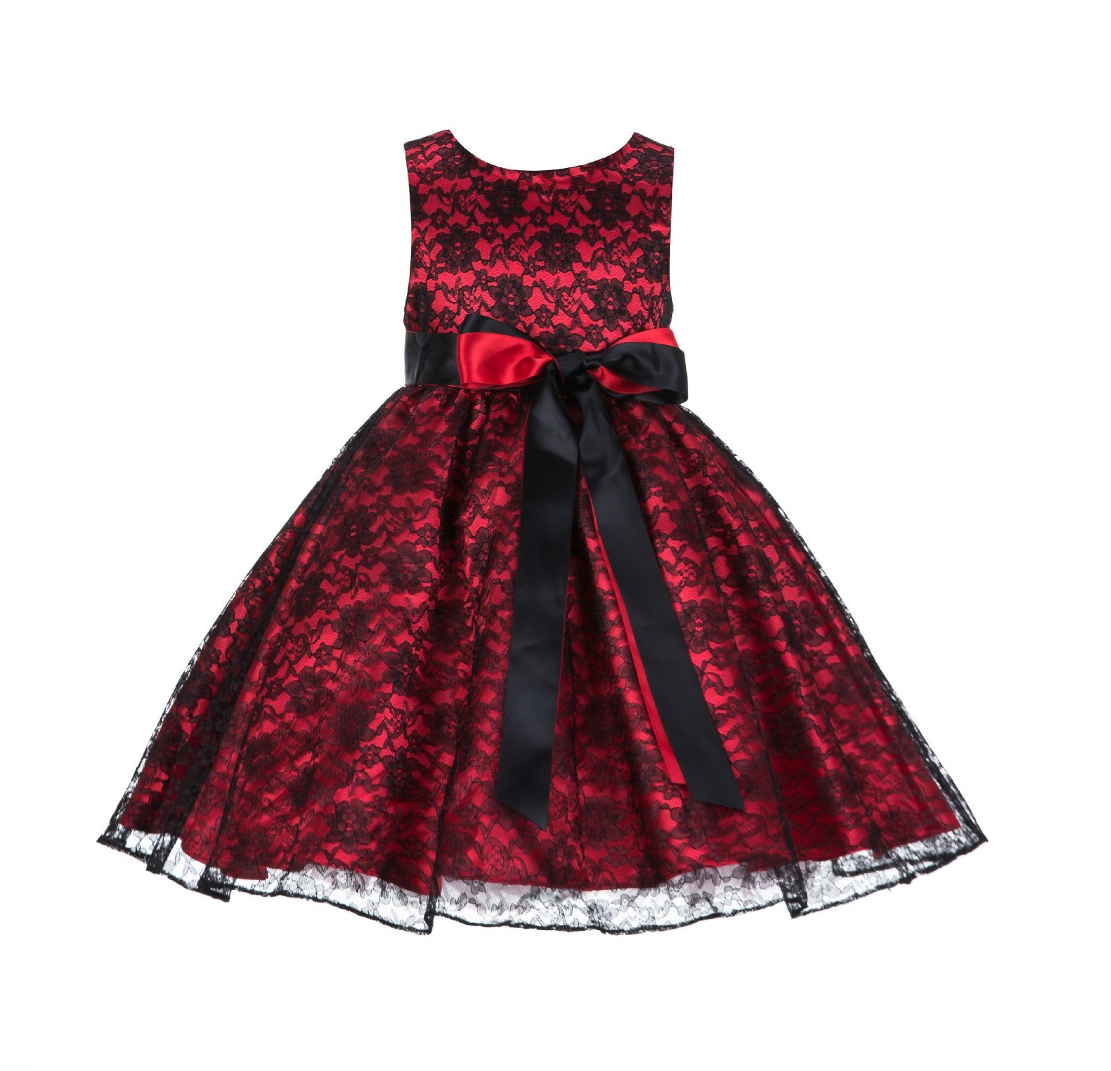 Red/Black Floral Lace Overlay Ribbon Sash Flower Girl Dress 163R
