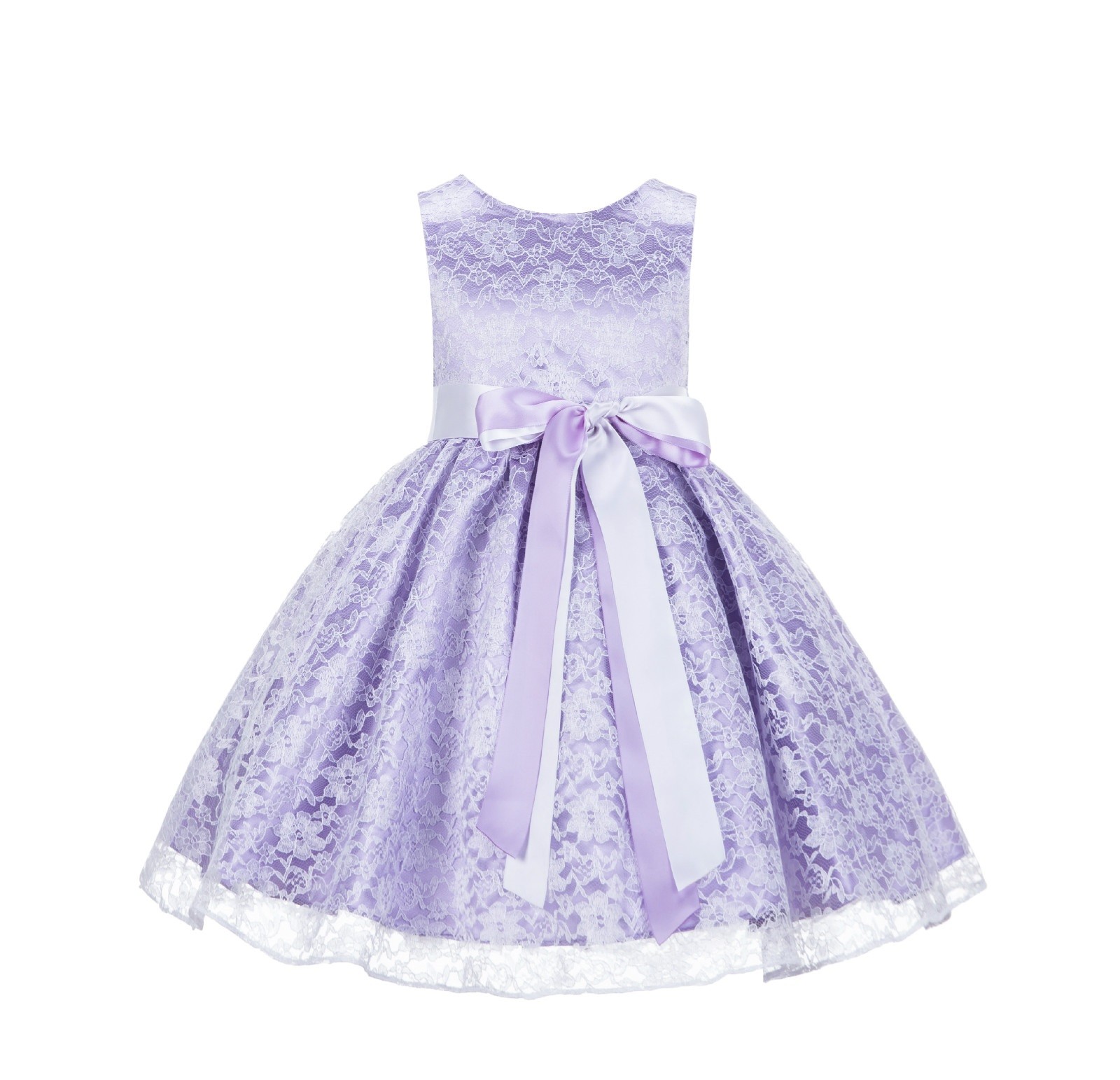 Lilac/White Floral Lace Overlay Ribbon Sash Flower Girl Dress 163R