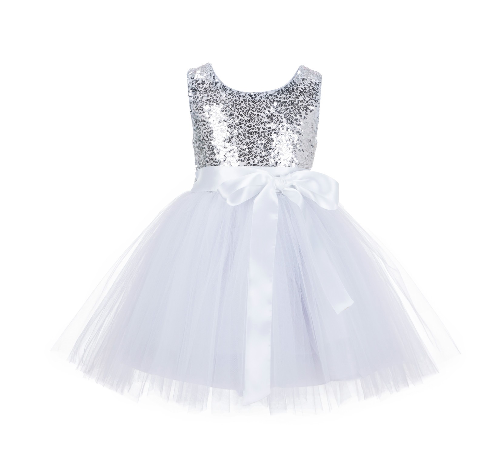 Silver/White/White Glitter Sequin Tulle Flower Girl Dress Recital Ceremony 123S