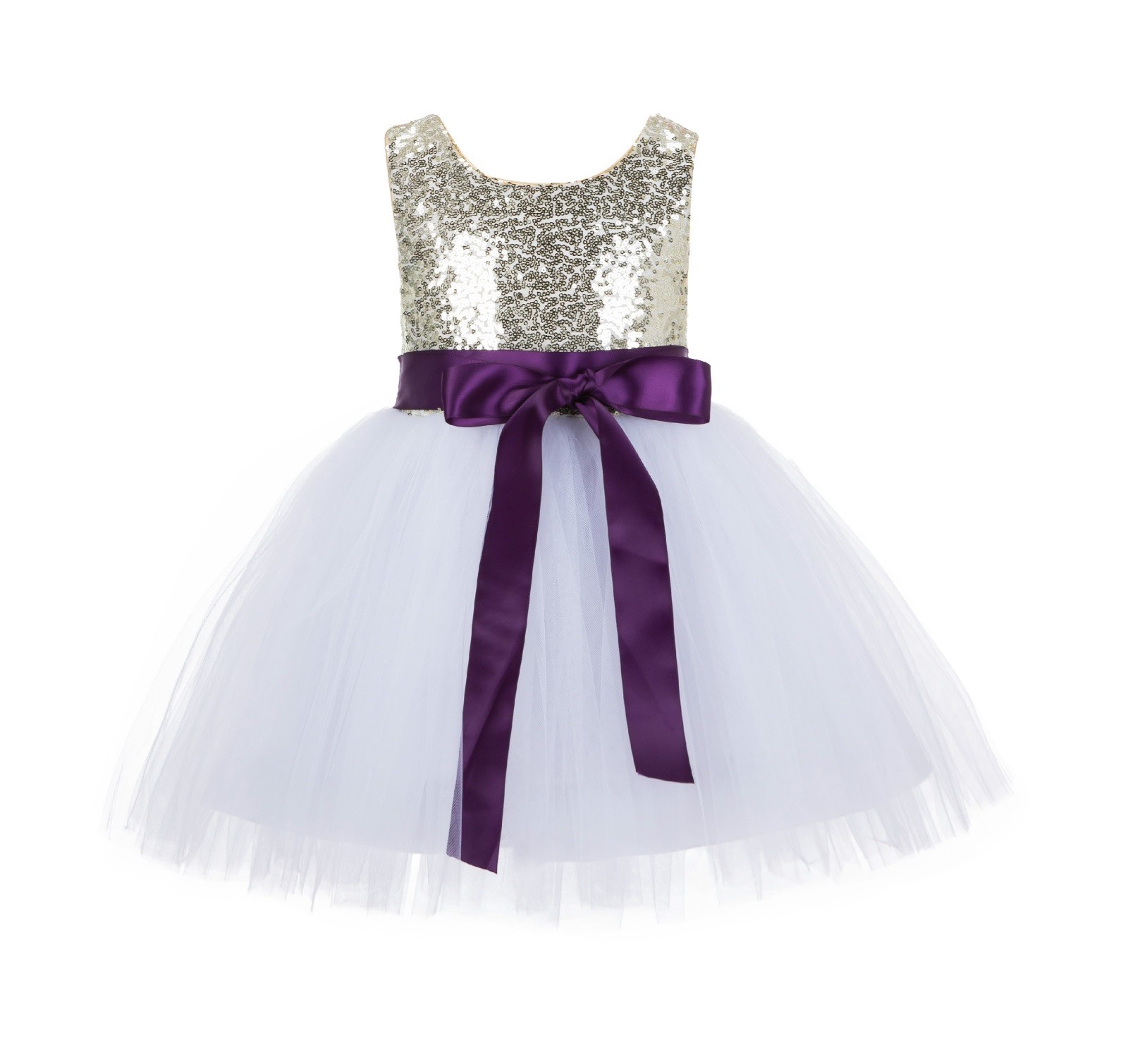 Gold/White/Purple Glitter Sequin Tulle Flower Girl Dress Recital Ceremony 123S