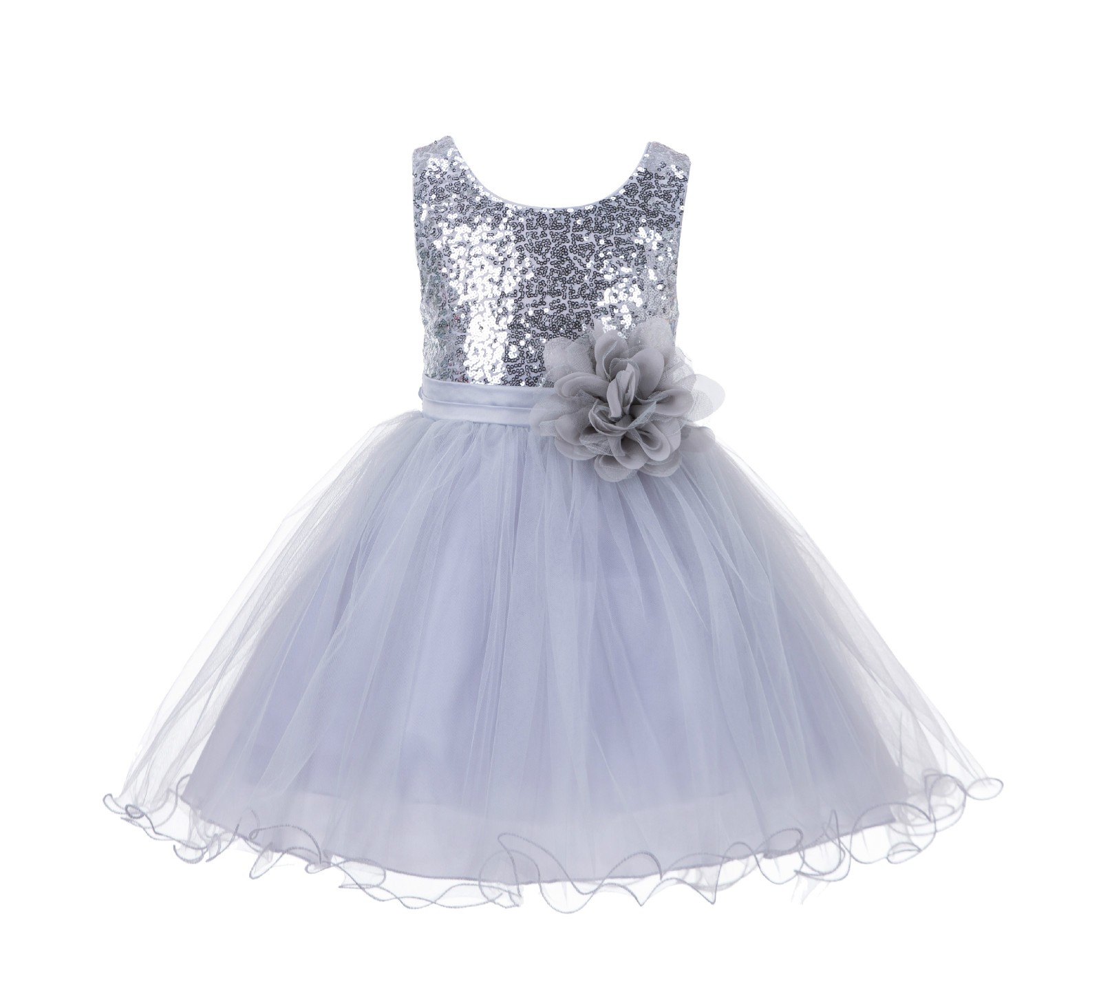 Silver Glitter Sequin Tulle Flower Girl Dress Reception Recital 011NF