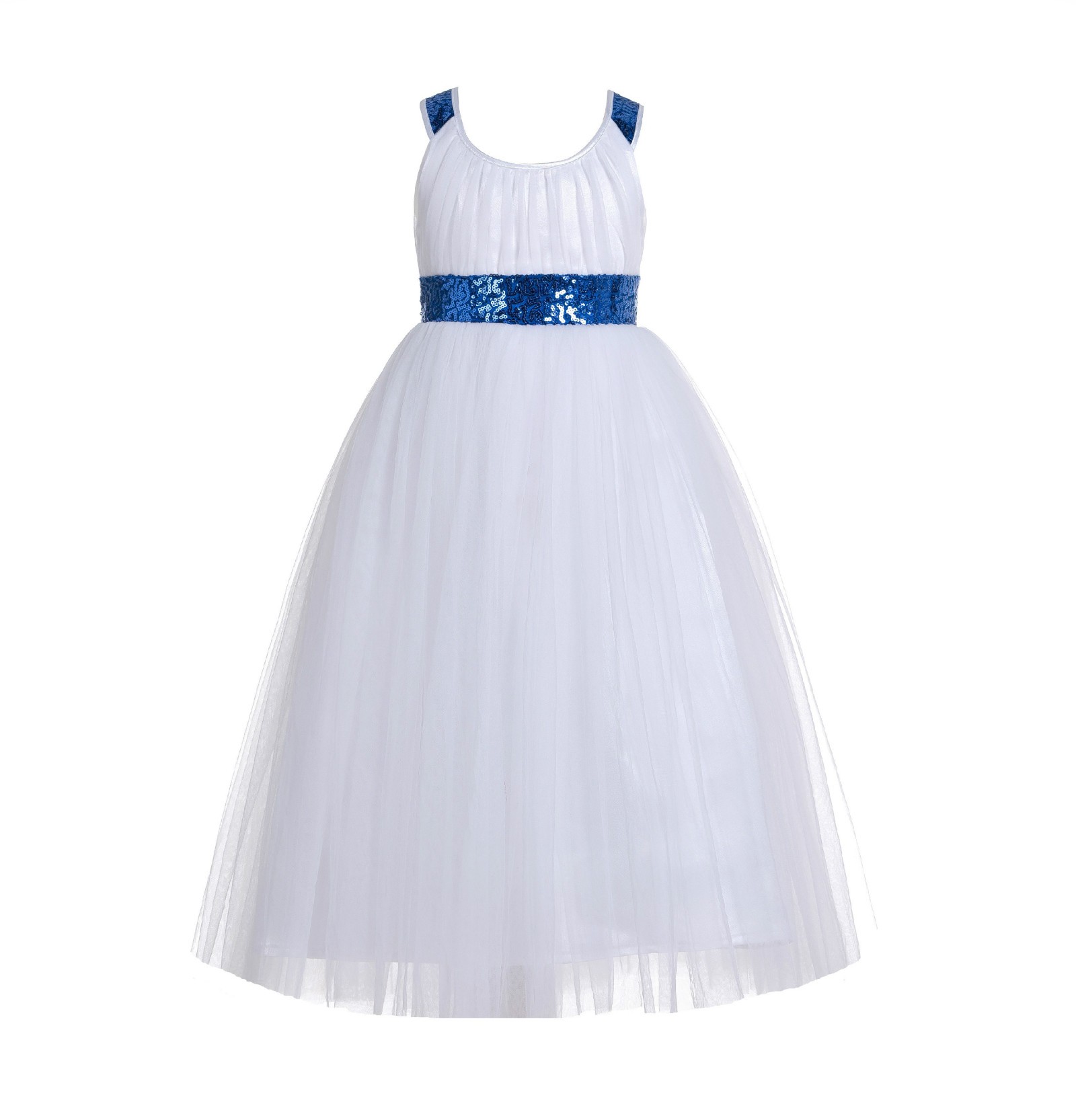 Royal Blue / White Sequin Tulle Dress Crossed Straps A-Line Flower Girl Dress 173