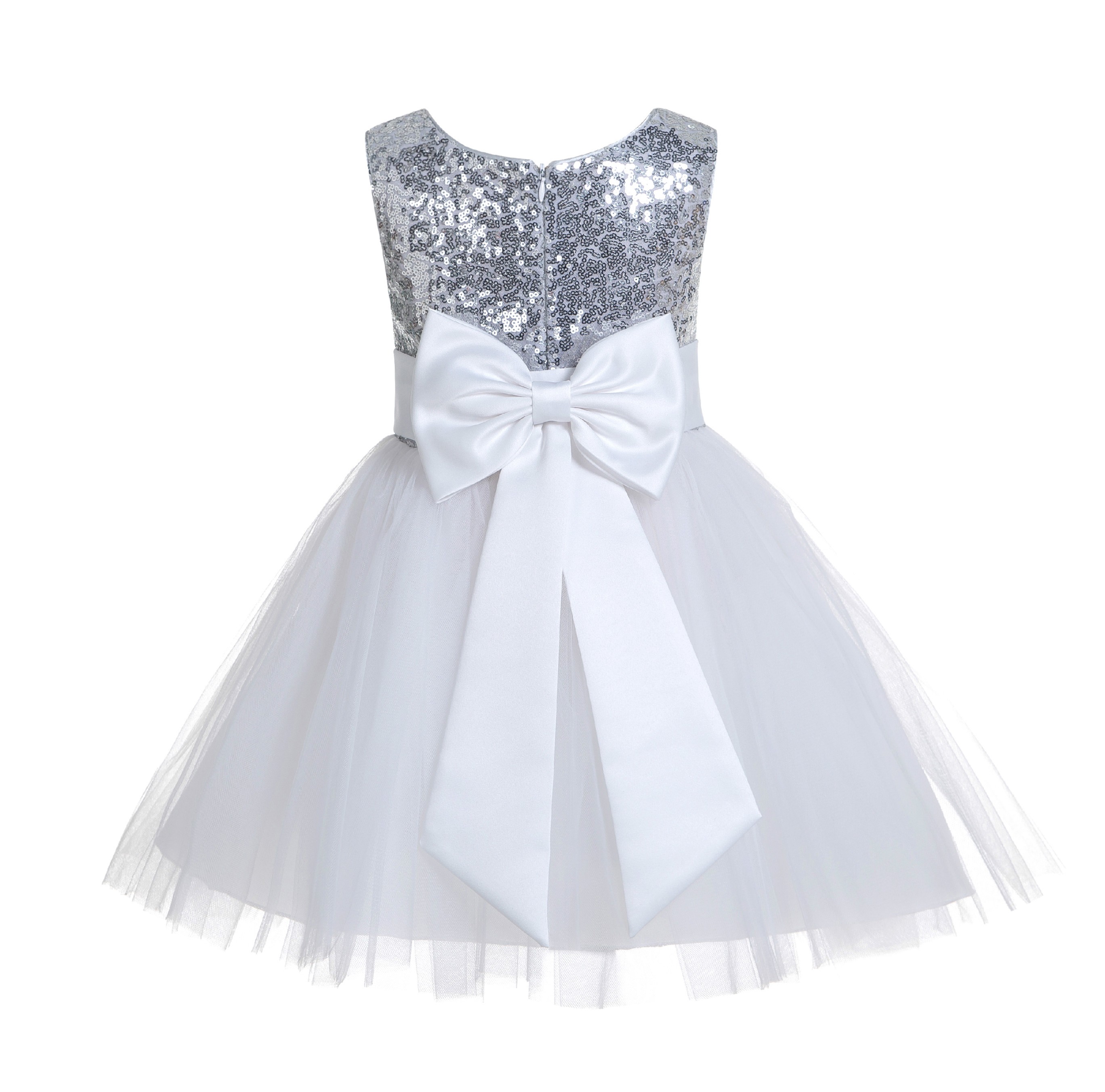 Silver/White/White Glitter Sequin Tulle Flower Girl Dress Toddler Dresses 123T
