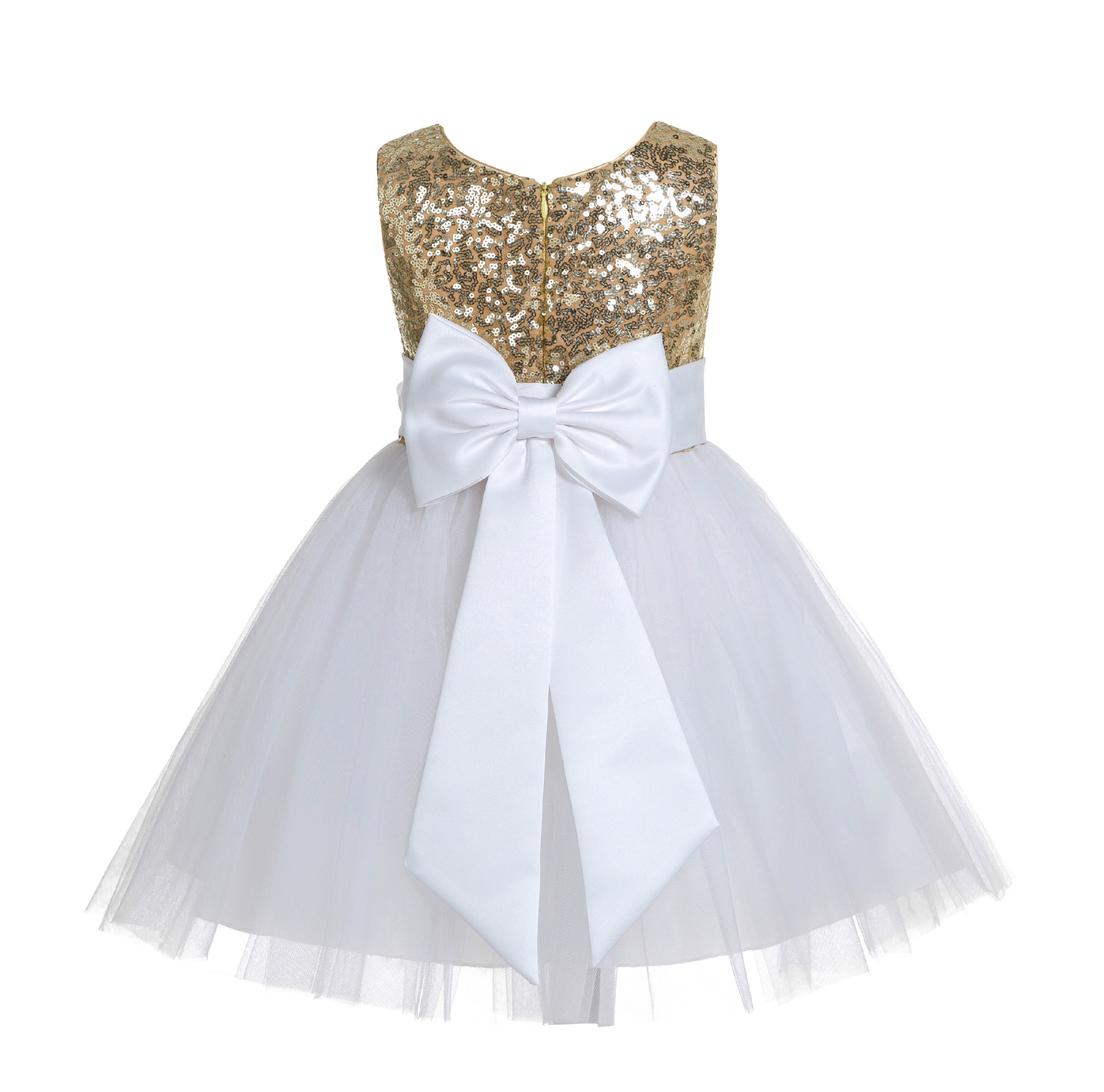 Gold/White/White Glitter Sequin Tulle Flower Girl Dress Toddler Dresses 123T