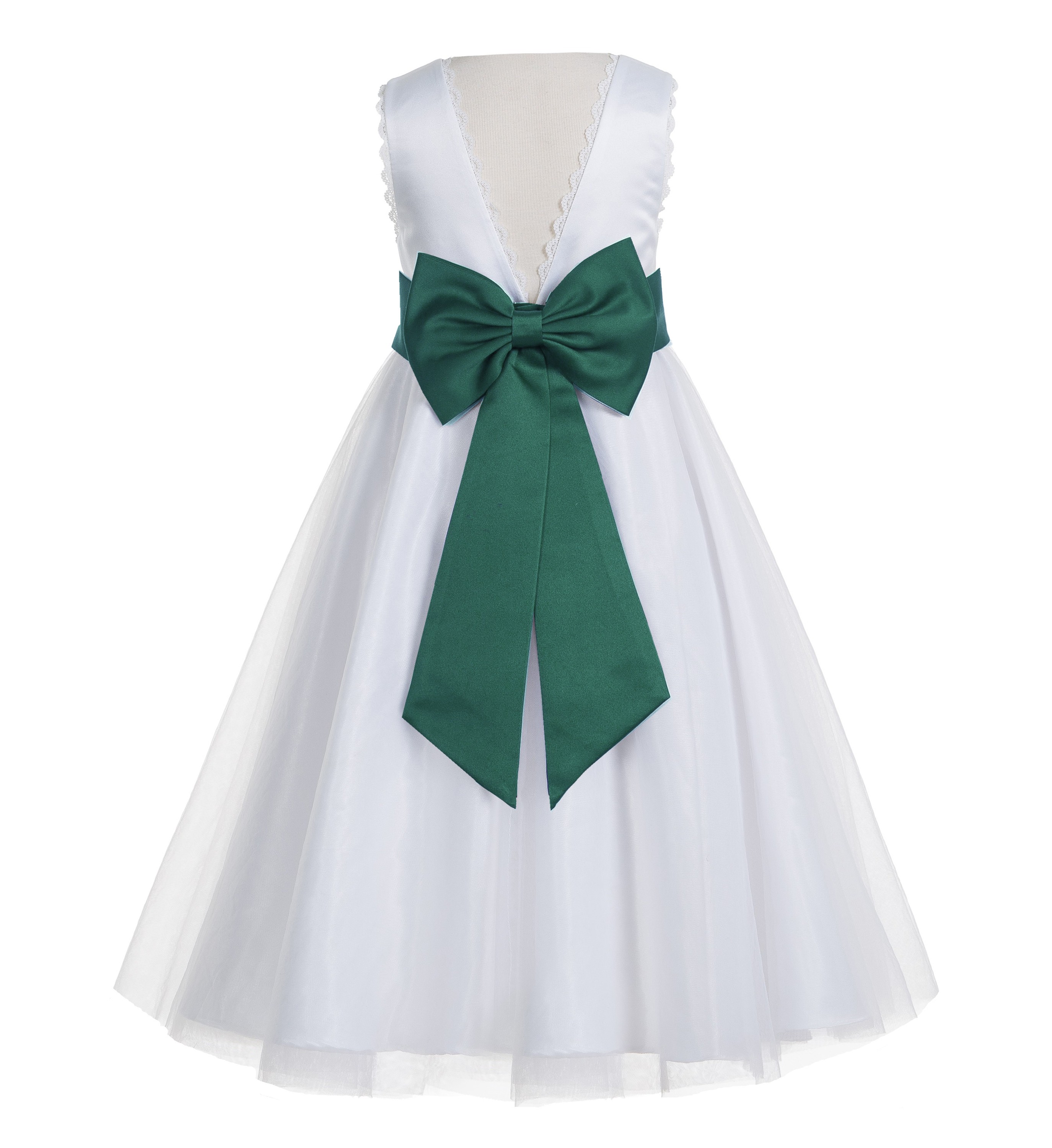 White / Forest Green V-Back Lace Edge Flower Girl Dress 183T