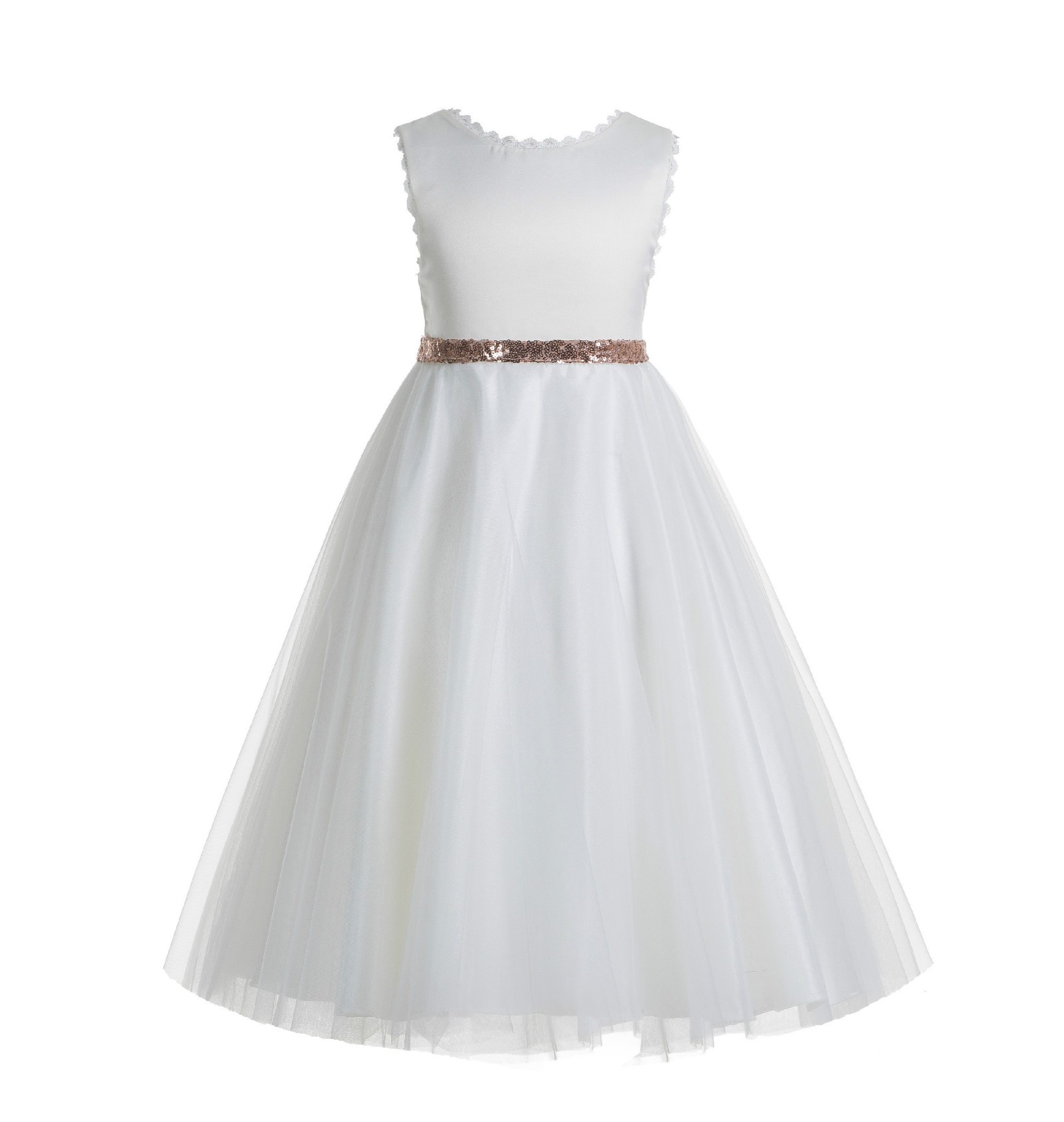 White / Rose Gold V-Back Lace Edge Flower Girl Dress 183
