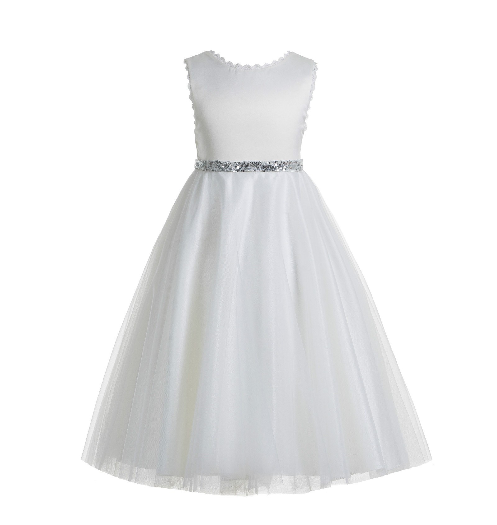 White / Silver V-Back Lace Edge Flower Girl Dress 183