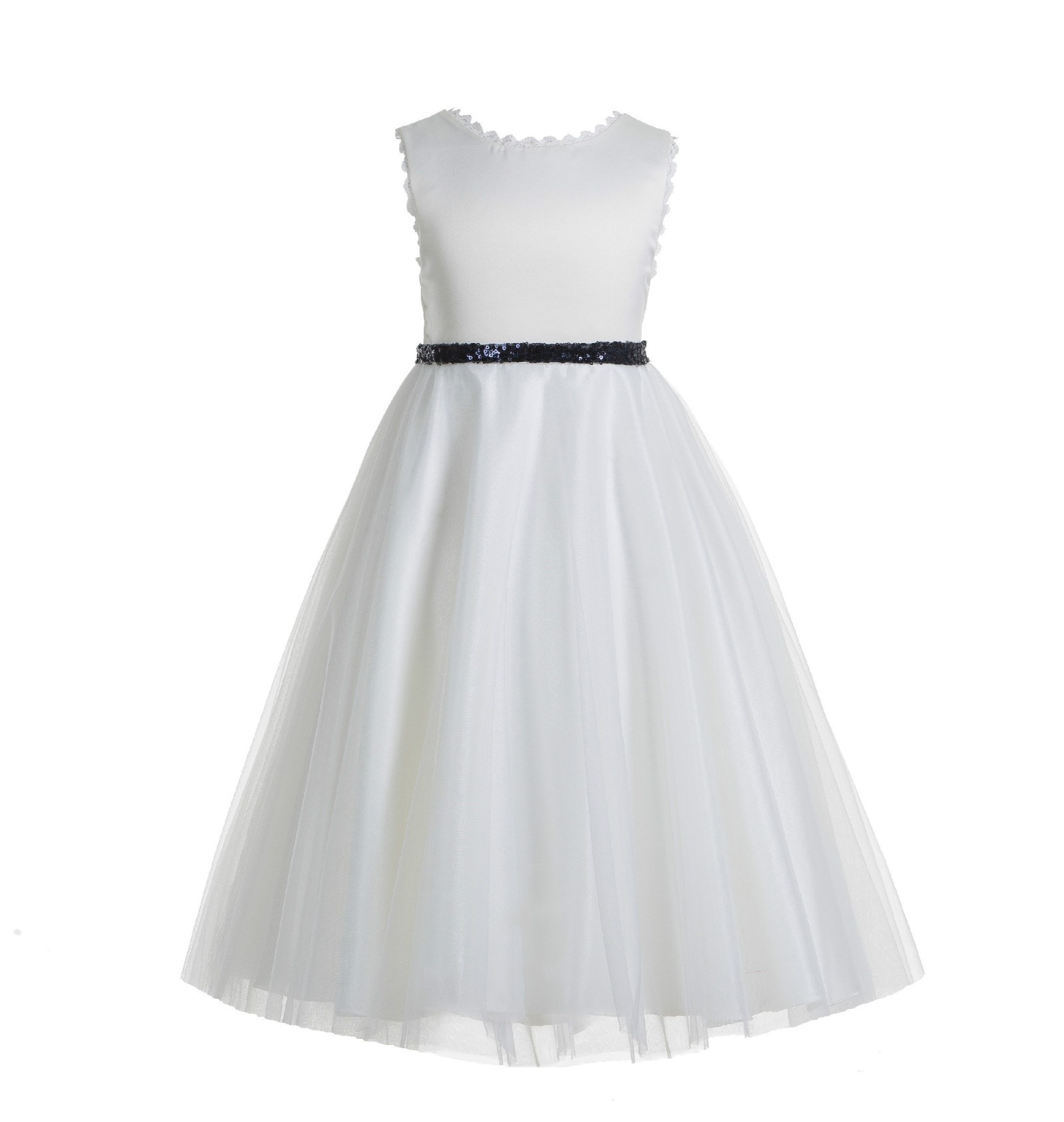 White / Marine Blue V-Back Lace Edge Flower Girl Dress 183