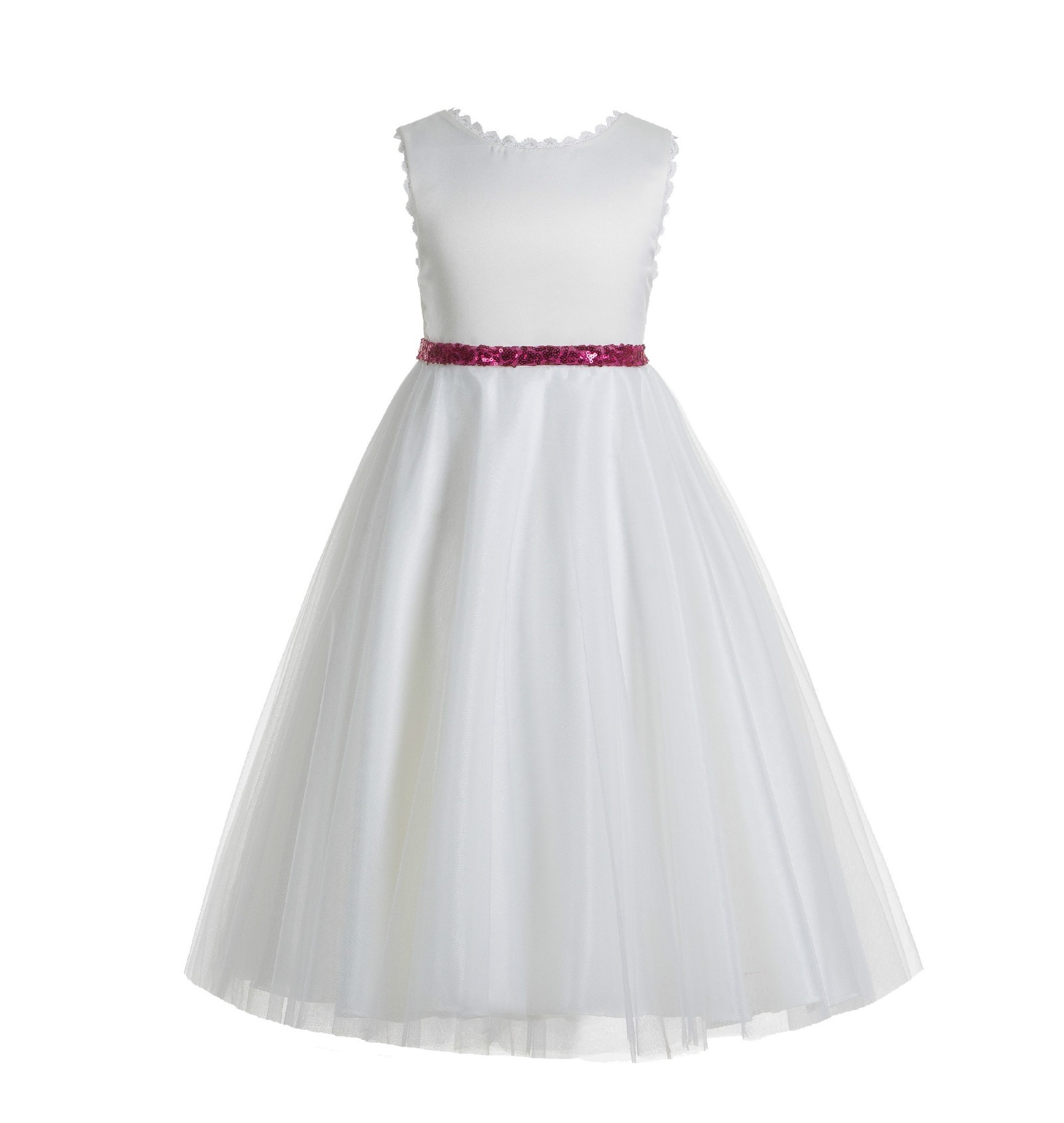 White / Fuchsia V-Back Lace Edge Flower Girl Dress 183