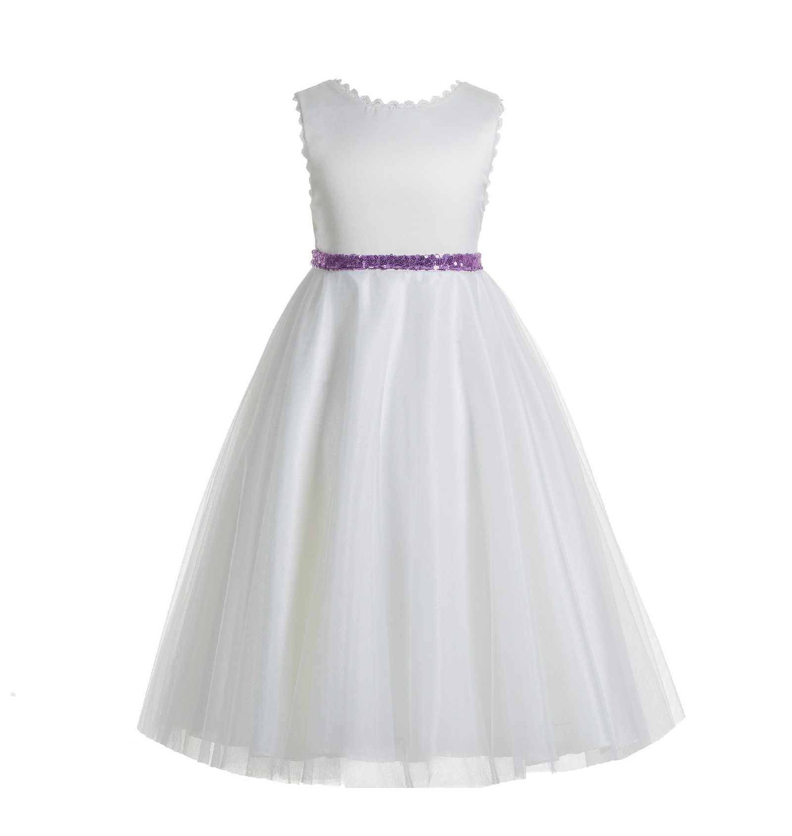 White / Lilac V-Back Lace Edge Flower Girl Dress 183