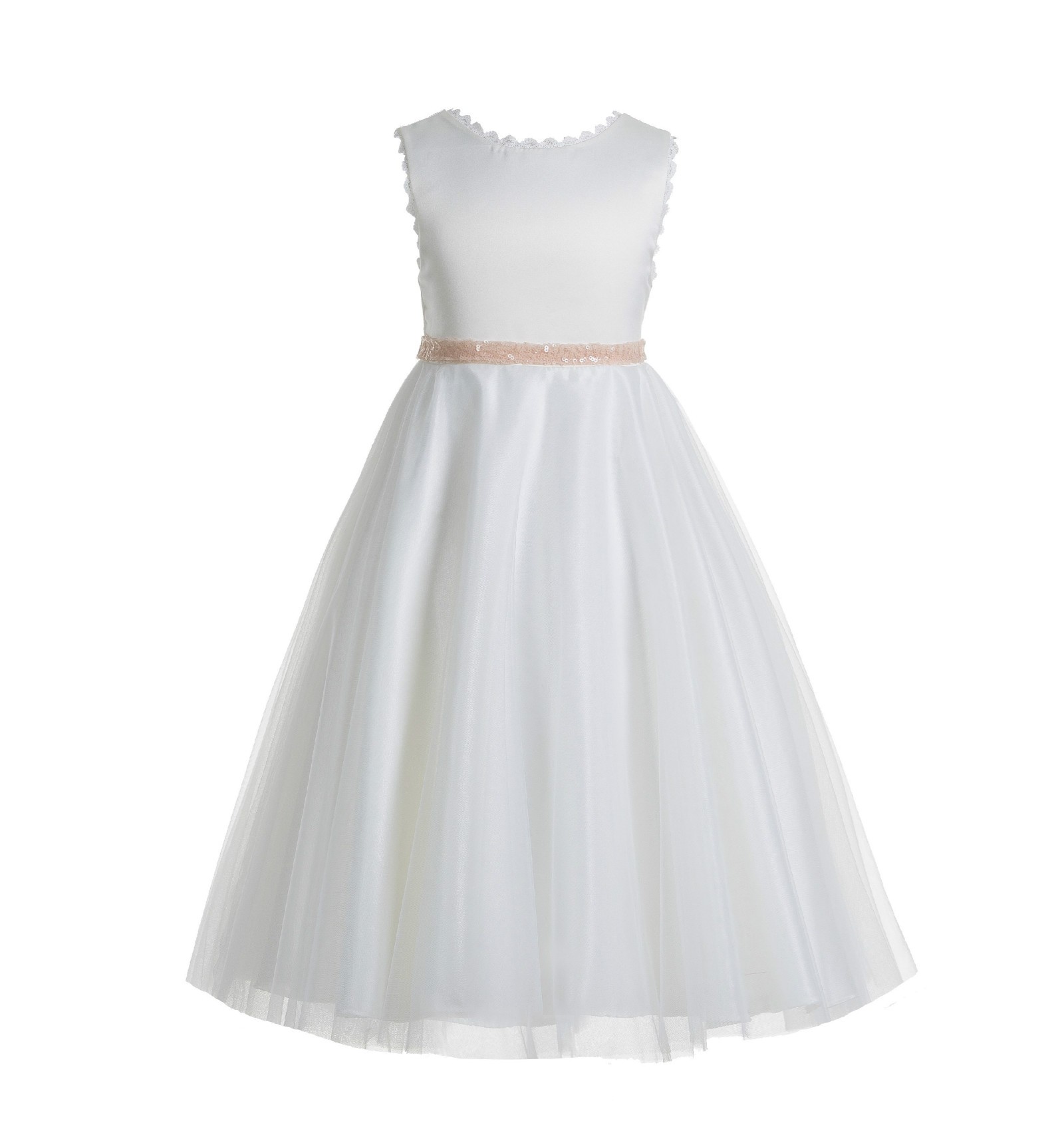 White / Blush Pink V-Back Lace Edge Flower Girl Dress 183